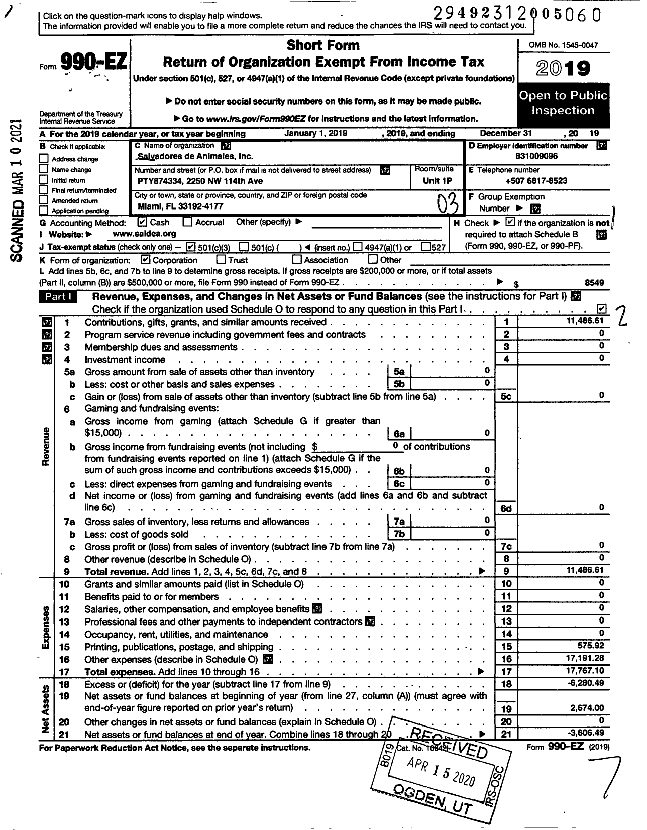 Image of first page of 2019 Form 990EZ for Salvadores de Animales