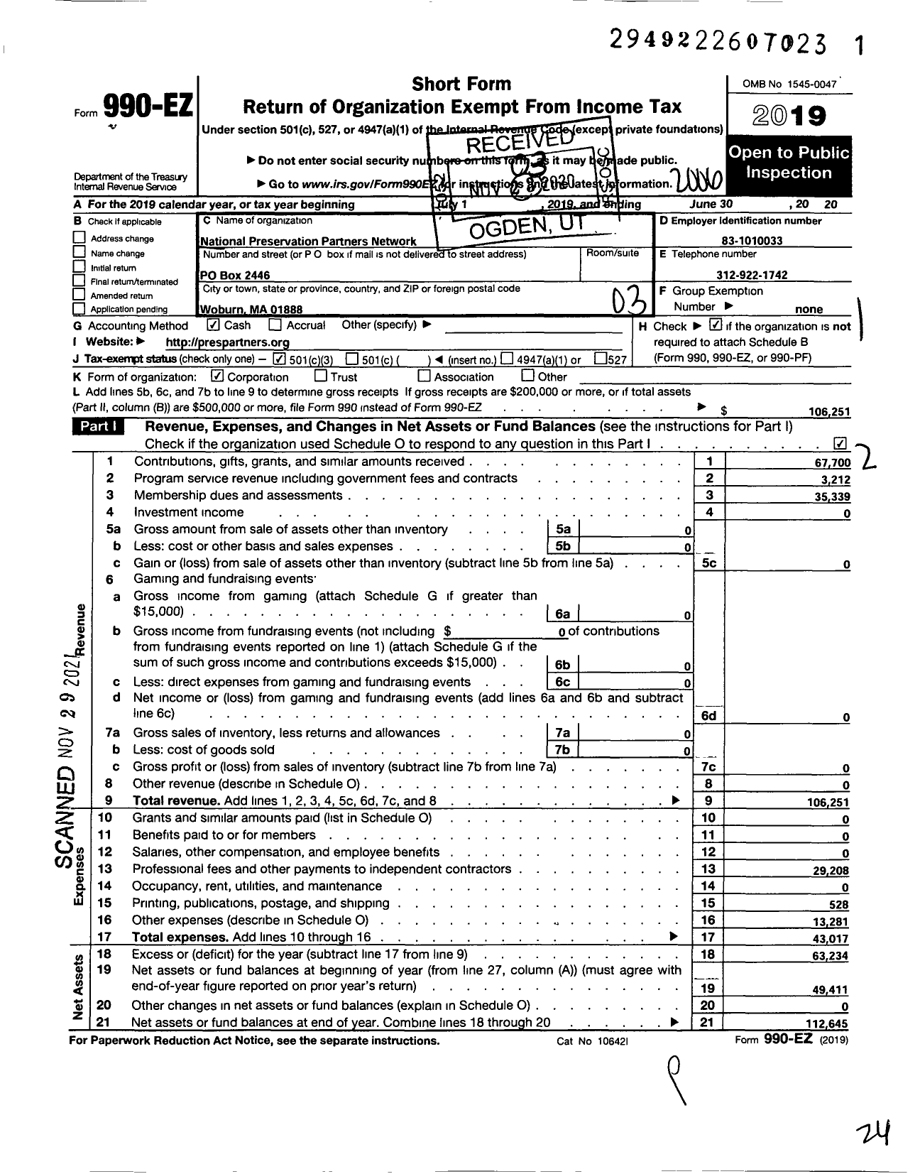 Image of first page of 2019 Form 990EZ for National Preservation Partners Network