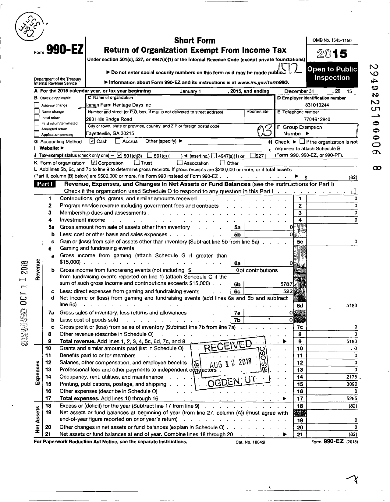 Image of first page of 2015 Form 990EZ for Inman Farm Heritage Days