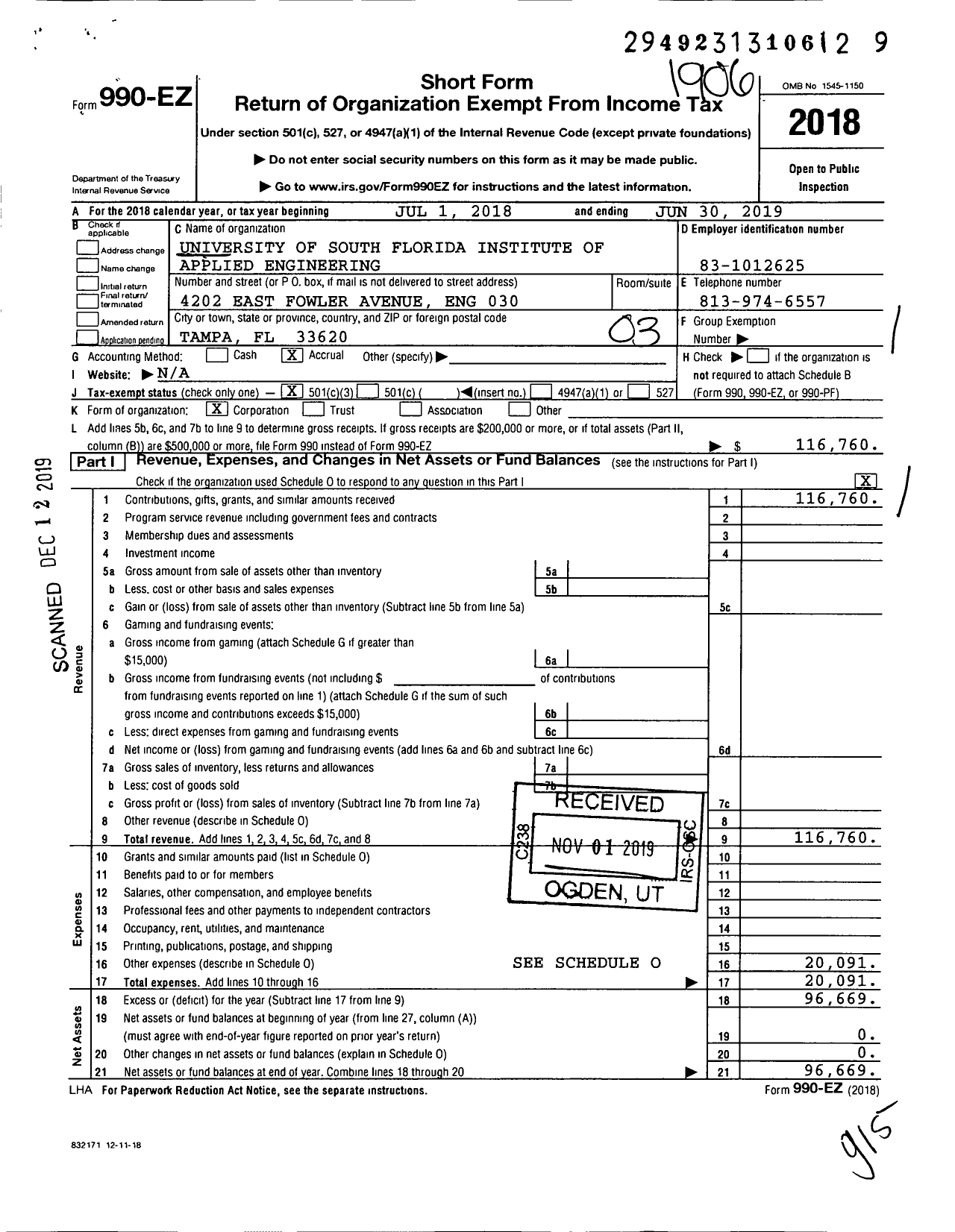 Image of first page of 2018 Form 990EZ for University of South Florida Institute of Applied Engineering