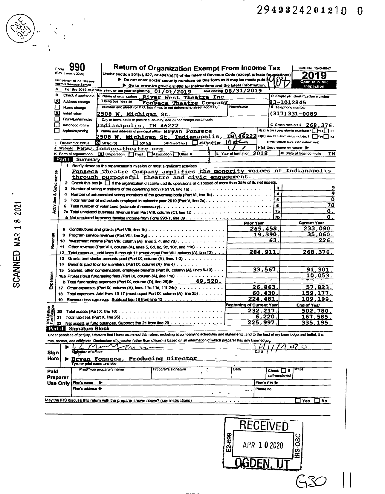 Image of first page of 2018 Form 990 for River West Theatre Fonseca Theatre Company