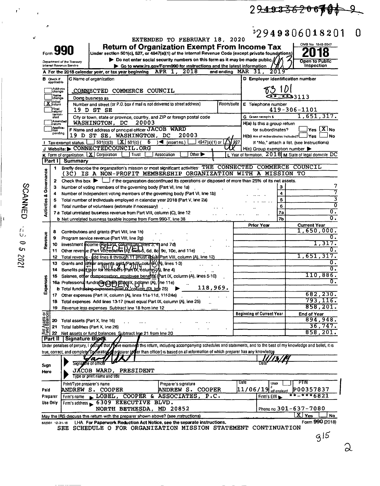 Image of first page of 2018 Form 990O for Connected Commerce Council