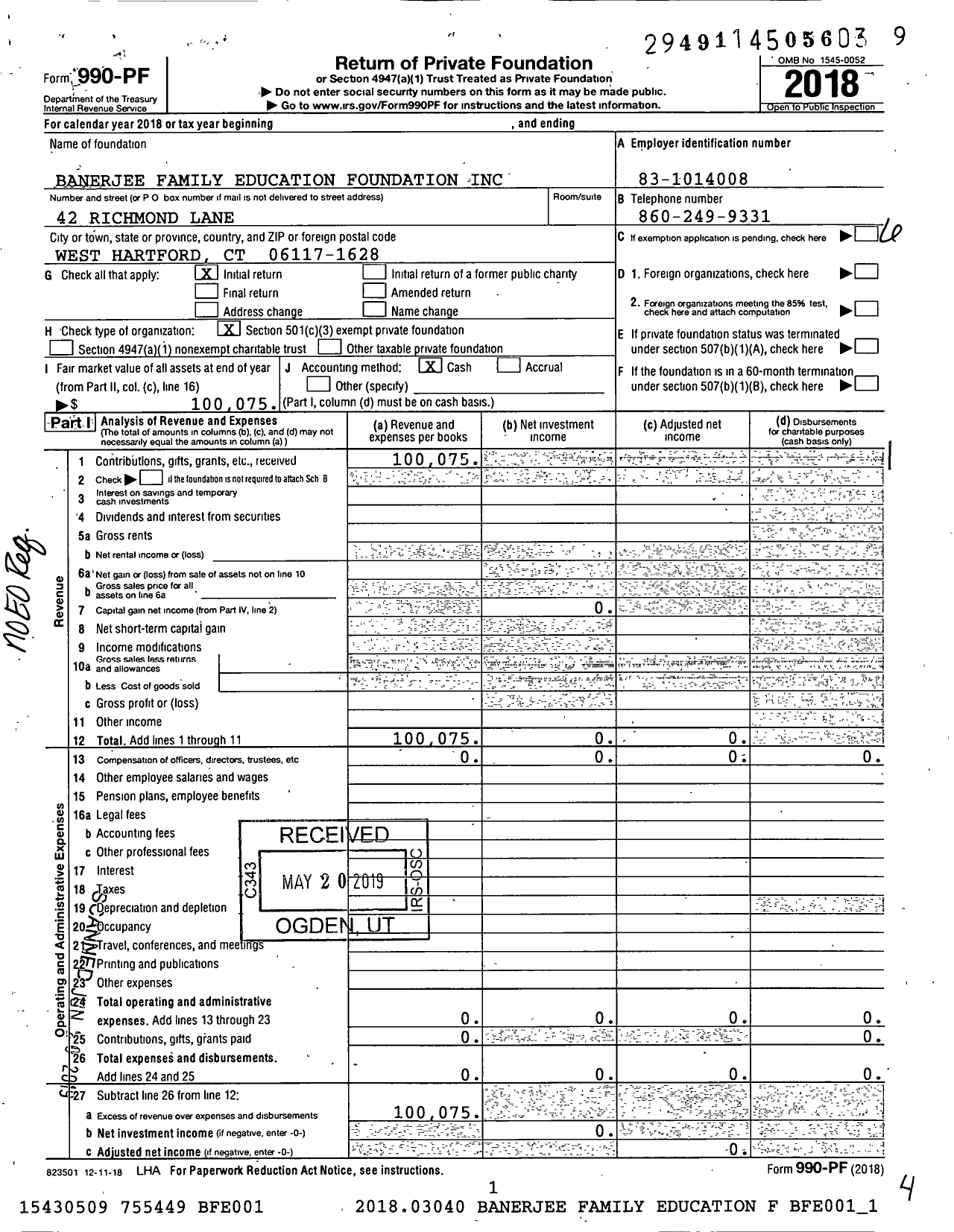 Image of first page of 2018 Form 990PF for Banerjee Family Education Foundation