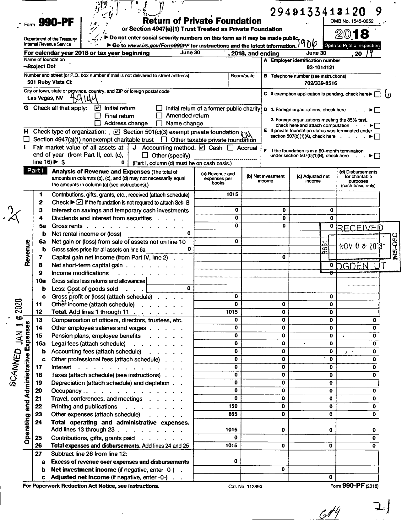 Image of first page of 2018 Form 990PF for Project Dot