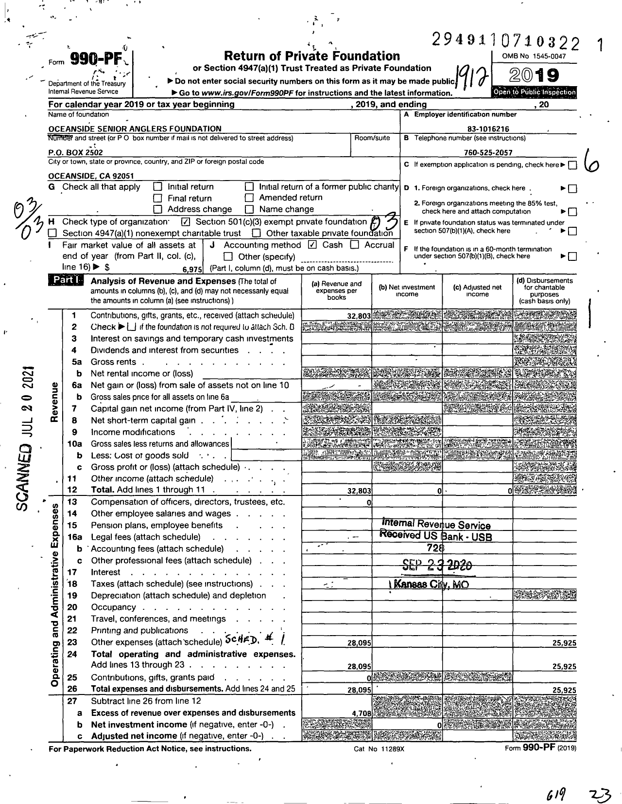 Image of first page of 2019 Form 990PF for Oceanside Senior Anglers Foundation