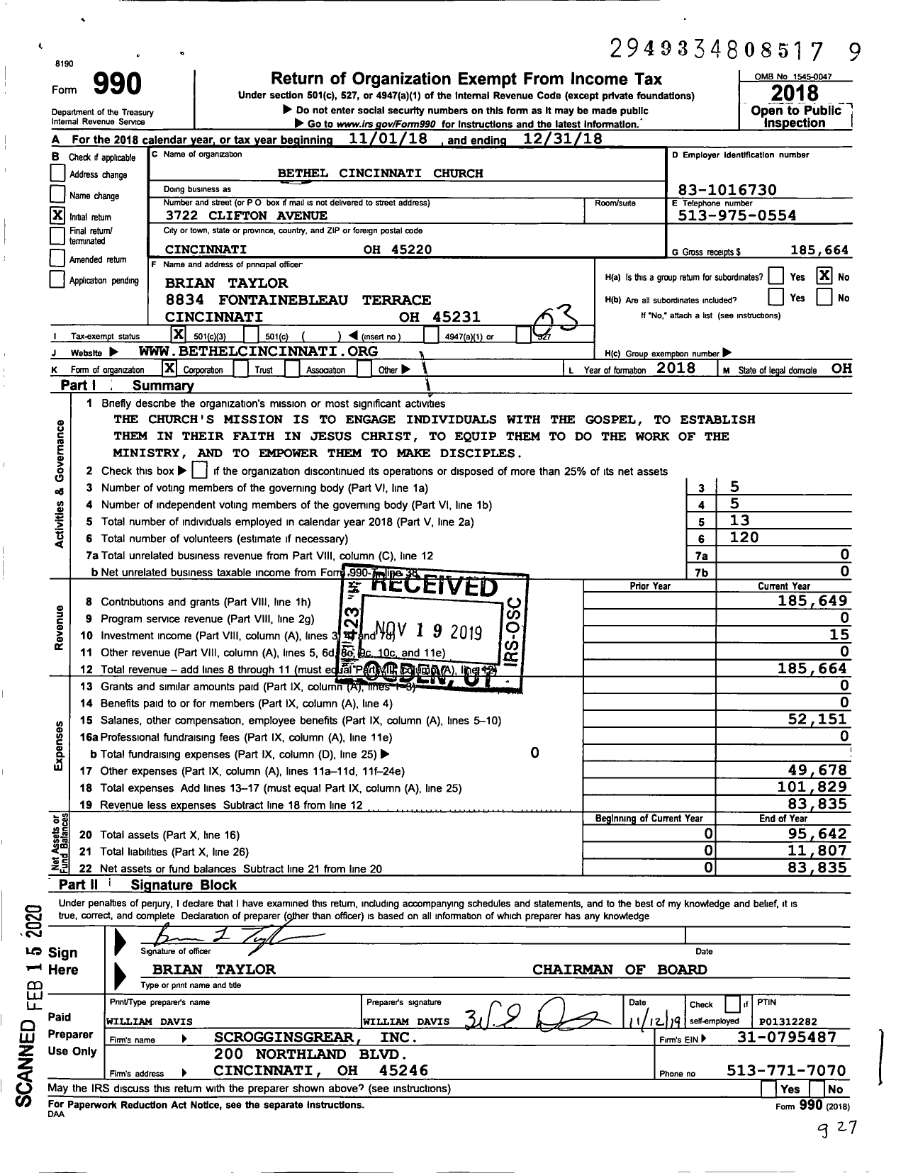 Image of first page of 2018 Form 990 for Every Nation Cincinnati Church