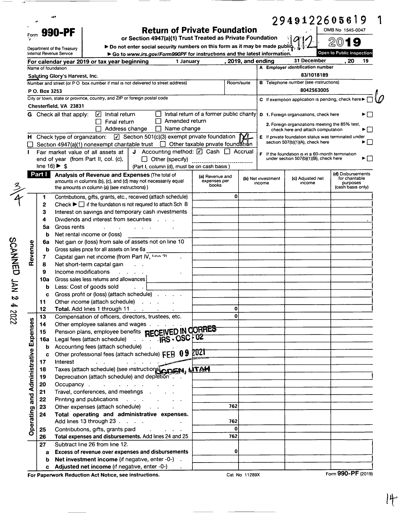 Image of first page of 2019 Form 990PF for Saluting Glorys Harvest