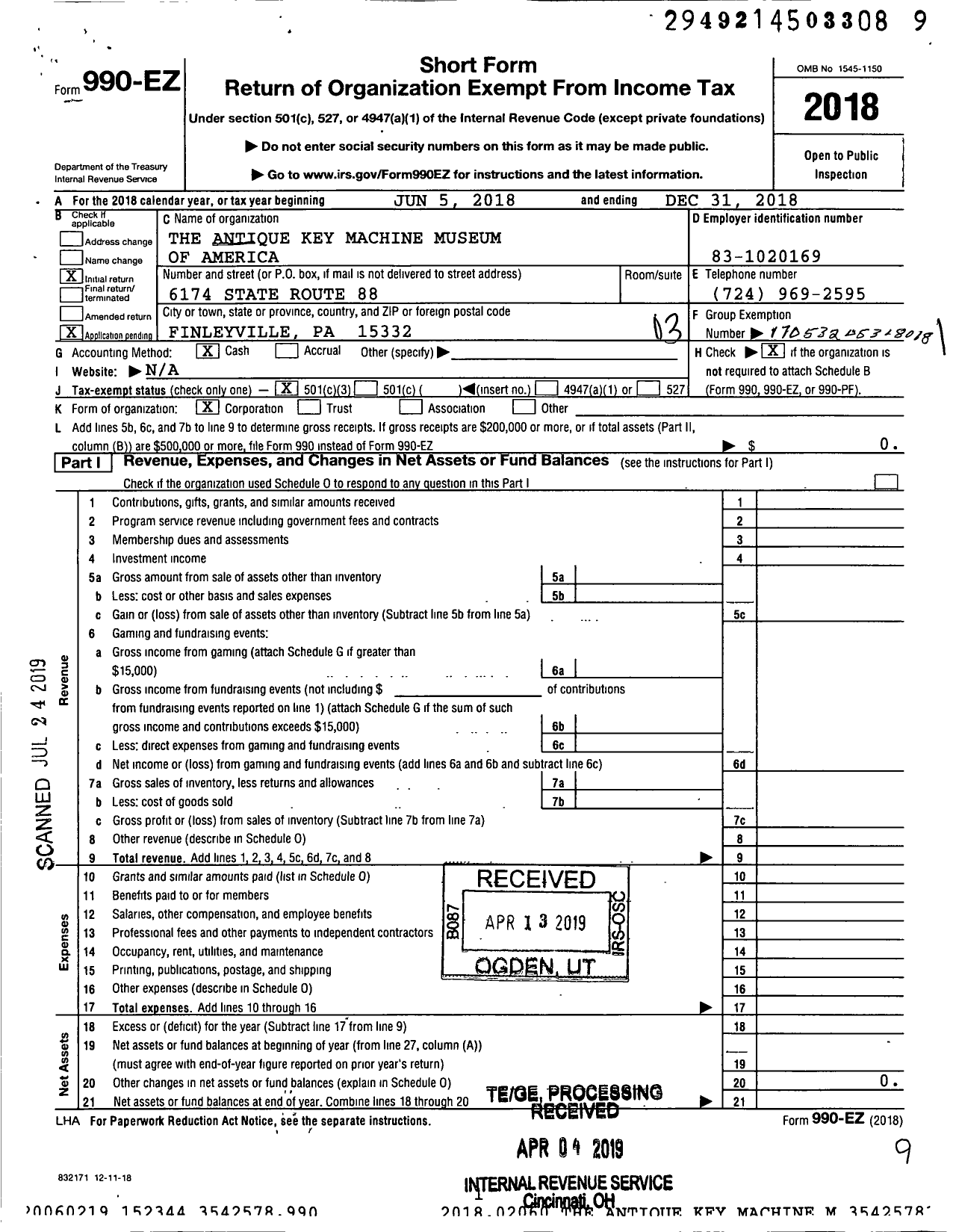 Image of first page of 2018 Form 990EZ for Antique Key Machine Museum of America