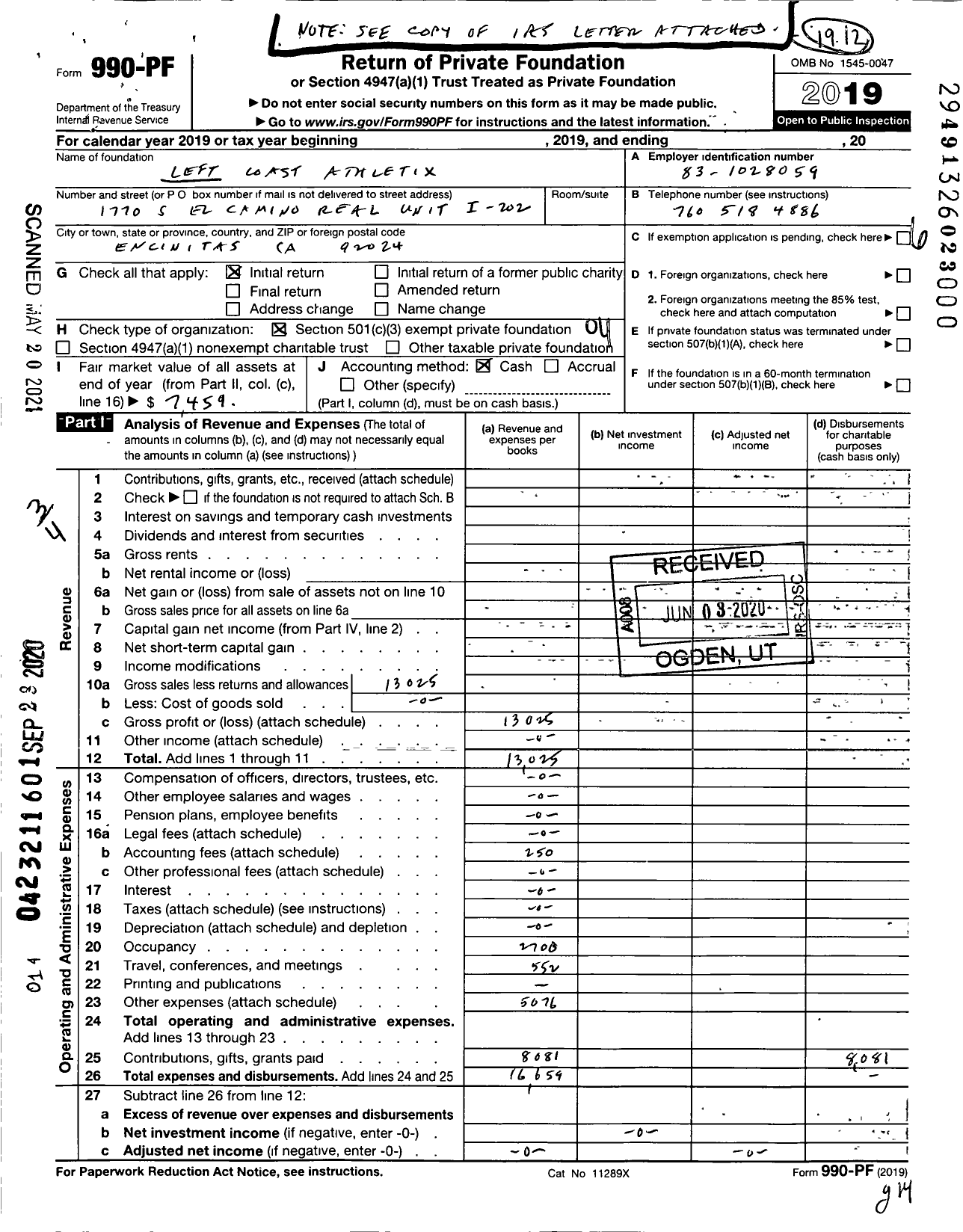 Image of first page of 2019 Form 990PF for Left Coast Athletix