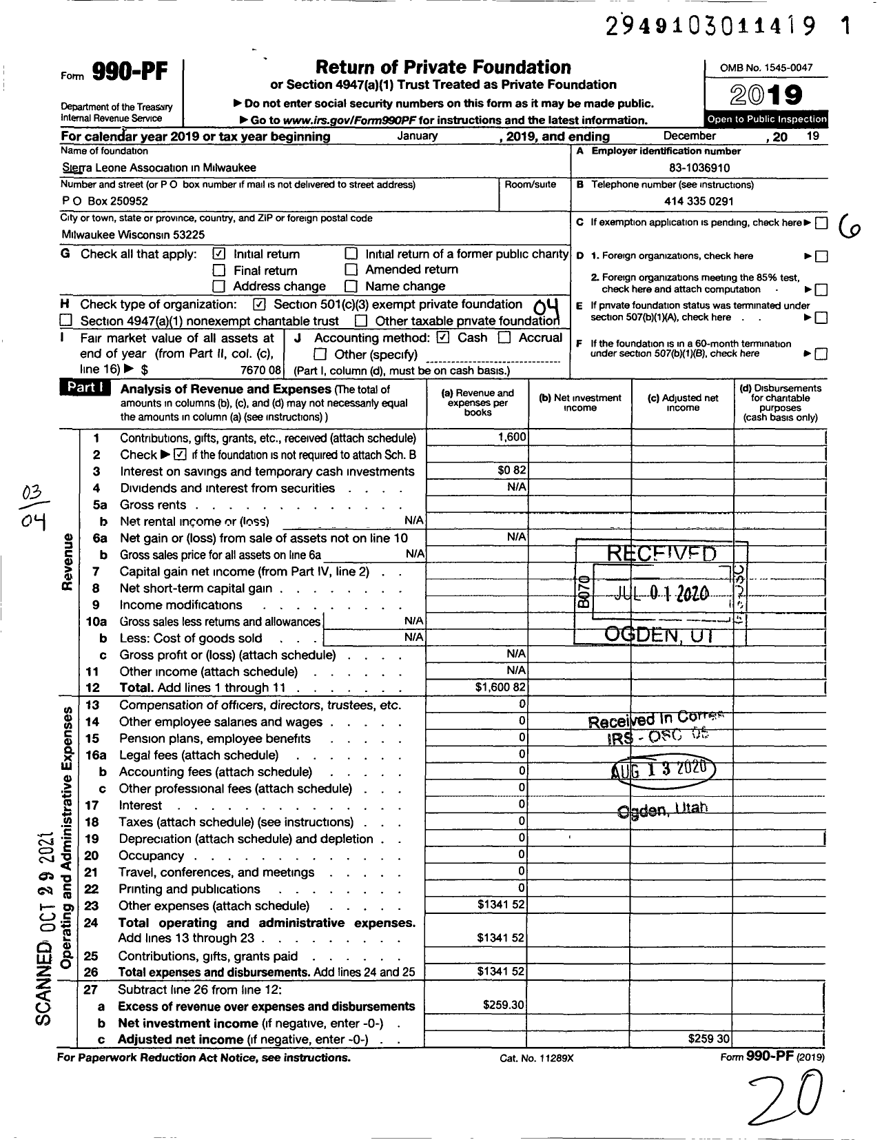 Image of first page of 2019 Form 990PF for Sierra Leone Association of Milwaukee