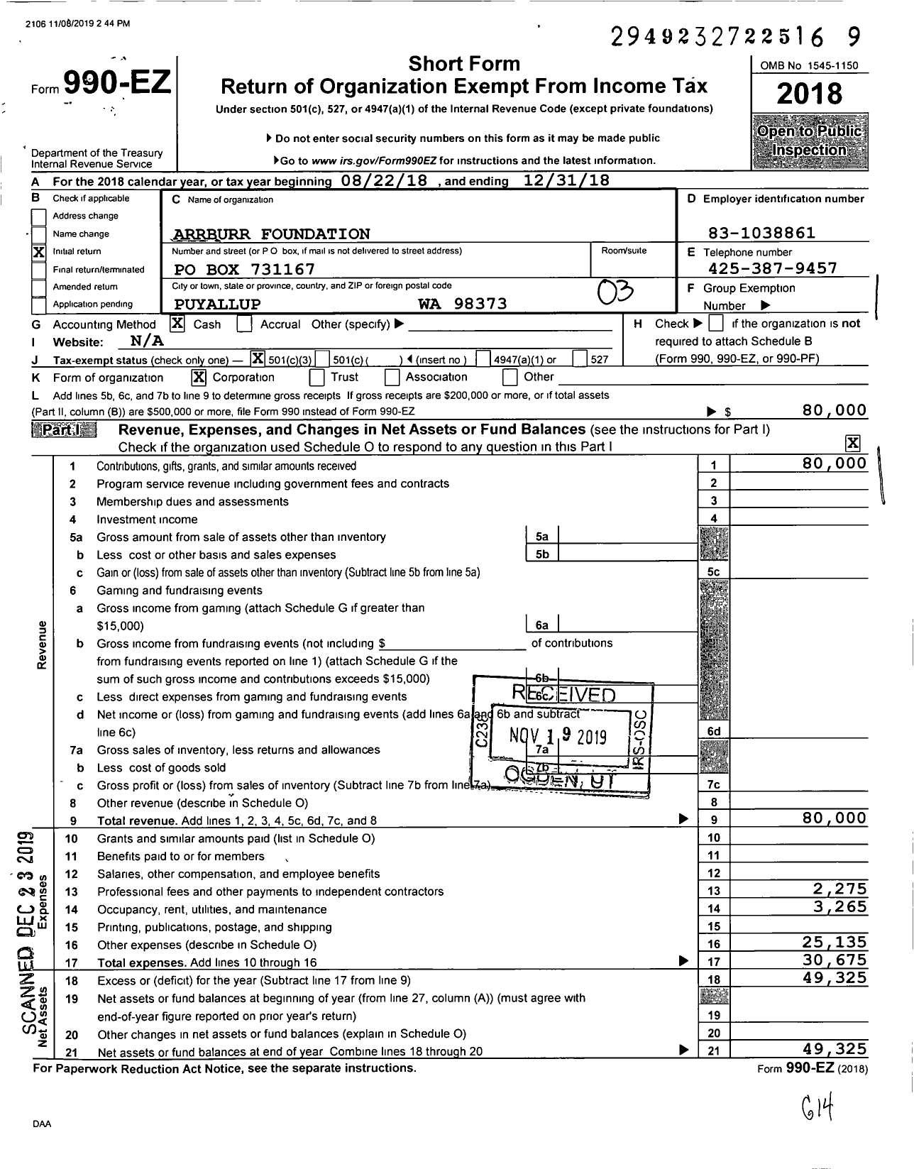 Image of first page of 2018 Form 990EZ for Arrburr Foundation