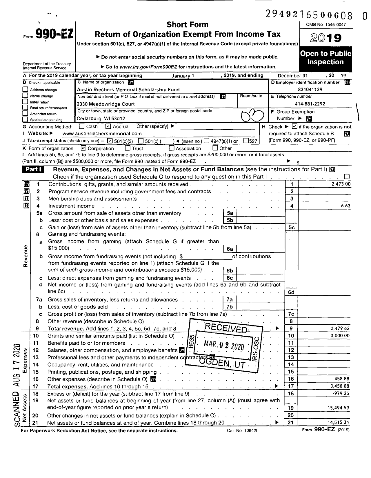 Image of first page of 2019 Form 990EZ for Austin Riechers Memorial Scholarship Fund