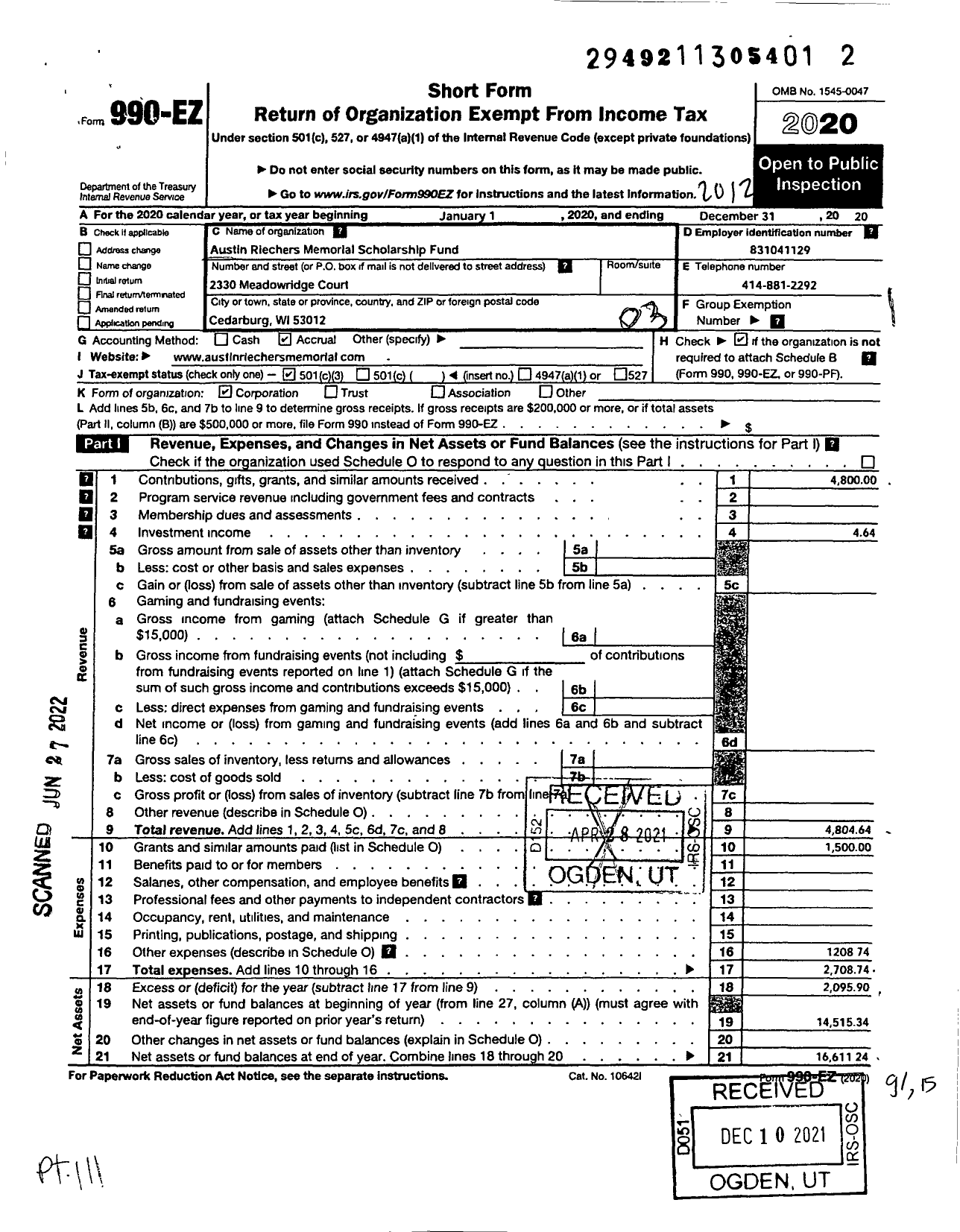 Image of first page of 2020 Form 990EZ for Austin Riechers Memorial Scholarship Fund