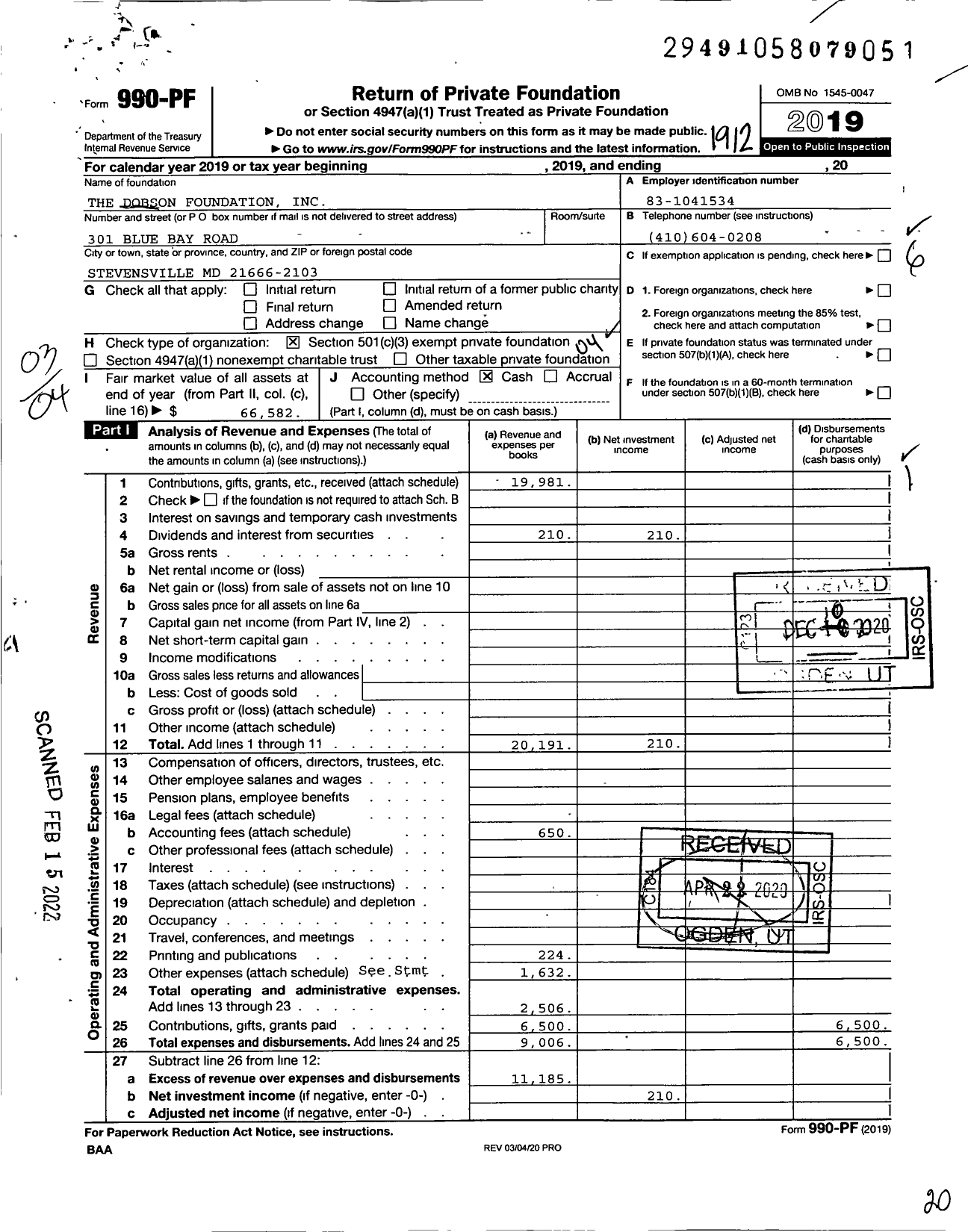 Image of first page of 2019 Form 990PF for The Dobson Foundation