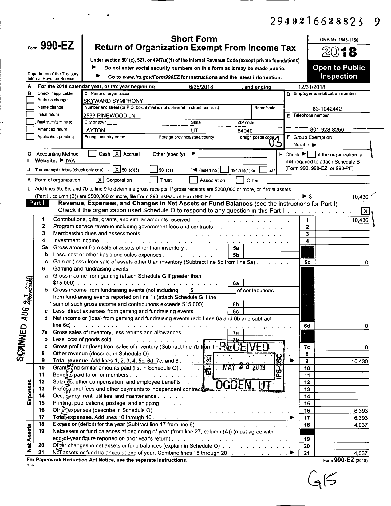 Image of first page of 2018 Form 990EZ for Skyward Symphony