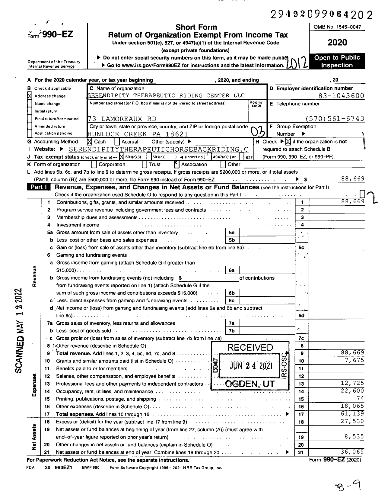 Image of first page of 2020 Form 990EZ for Serendipity Therapeutic Riding Center LLC