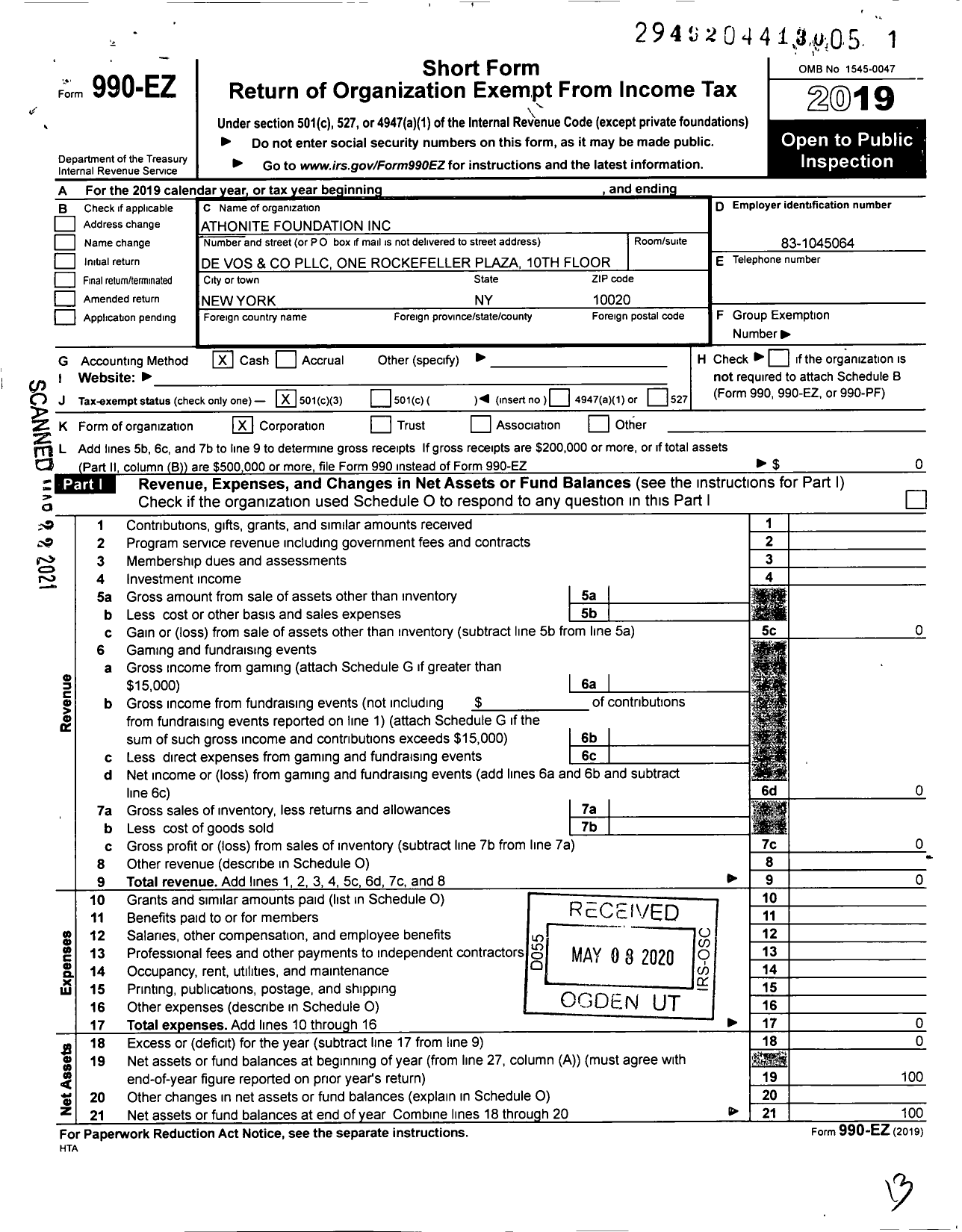 Image of first page of 2019 Form 990EZ for Athonite Foundation