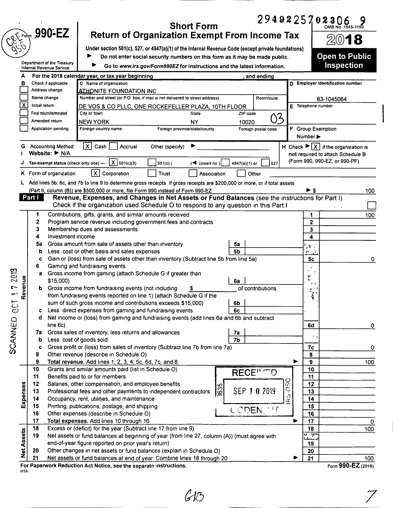 Image of first page of 2018 Form 990EZ for Athonite Foundation