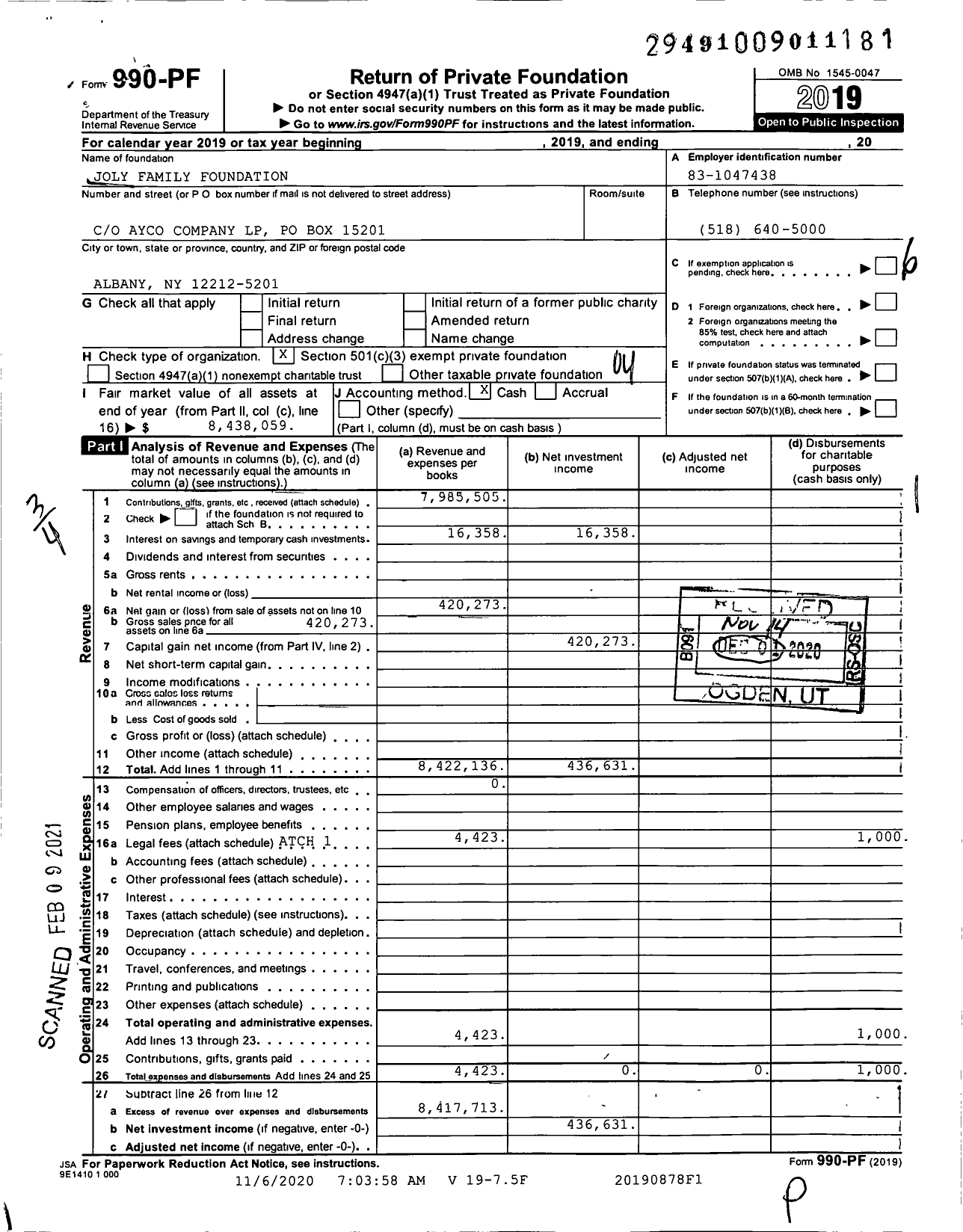 Image of first page of 2019 Form 990PF for Joly Family Foundation