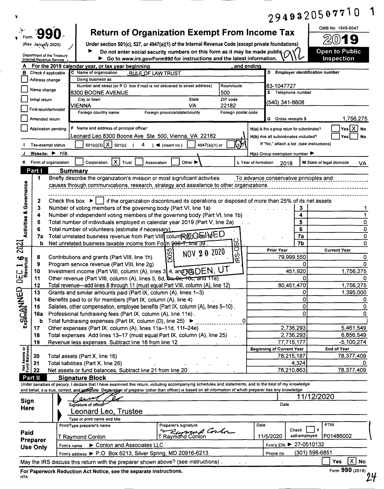 Image of first page of 2019 Form 990O for Rule of Law Trust