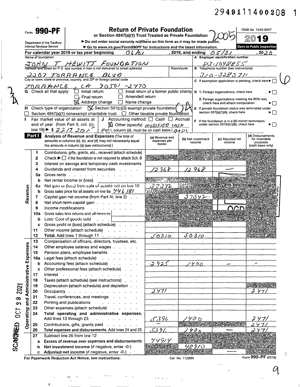 Image of first page of 2019 Form 990PF for John T Hewitt Foundation