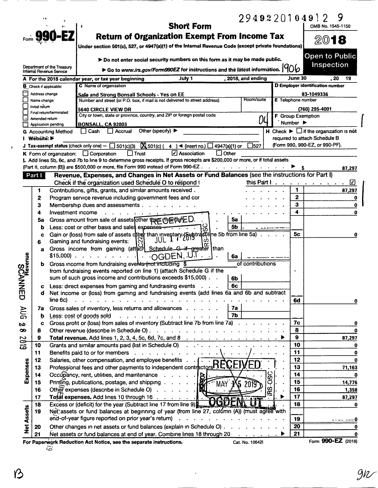 Image of first page of 2018 Form 990EO for Safe and Strong Bonsall Schools