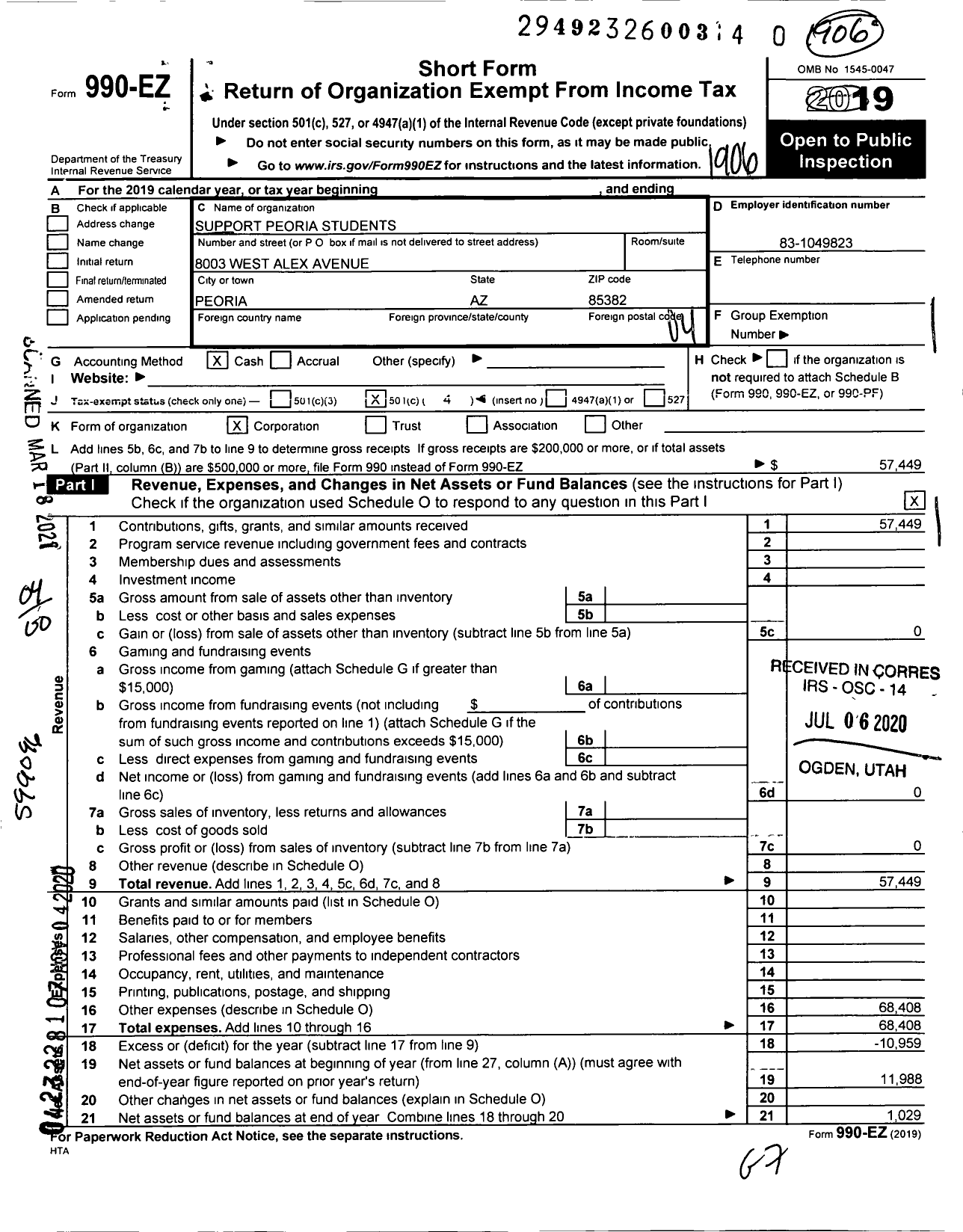 Image of first page of 2018 Form 990EO for Support Peoria Students