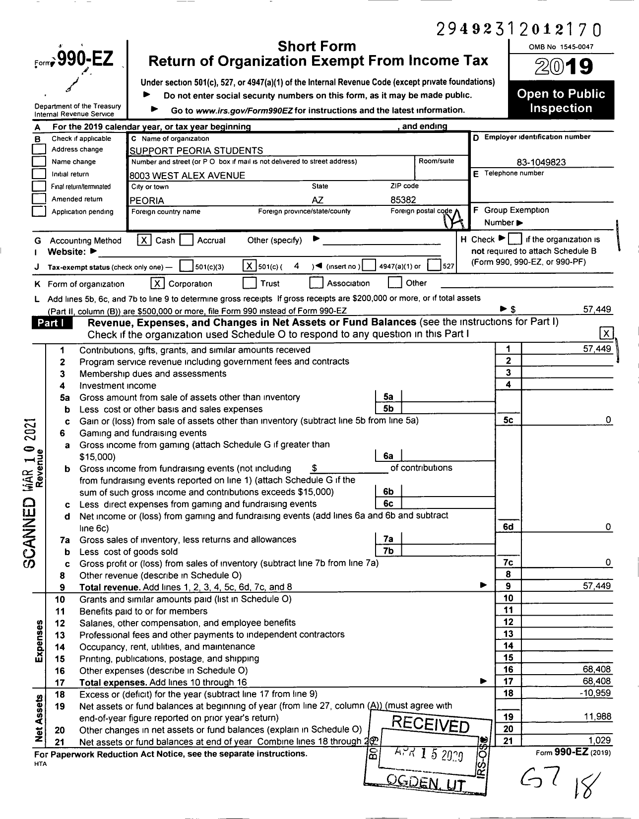 Image of first page of 2019 Form 990EO for Support Peoria Students