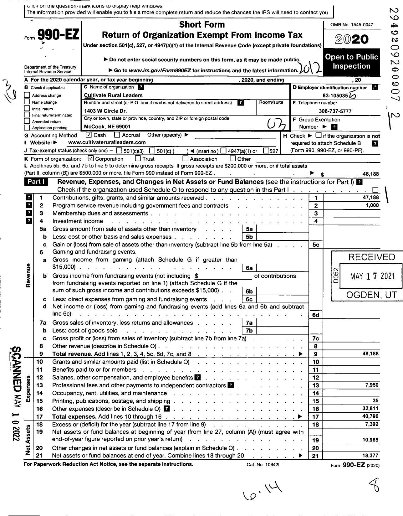 Image of first page of 2020 Form 990EZ for Cultivate Rural Leaders