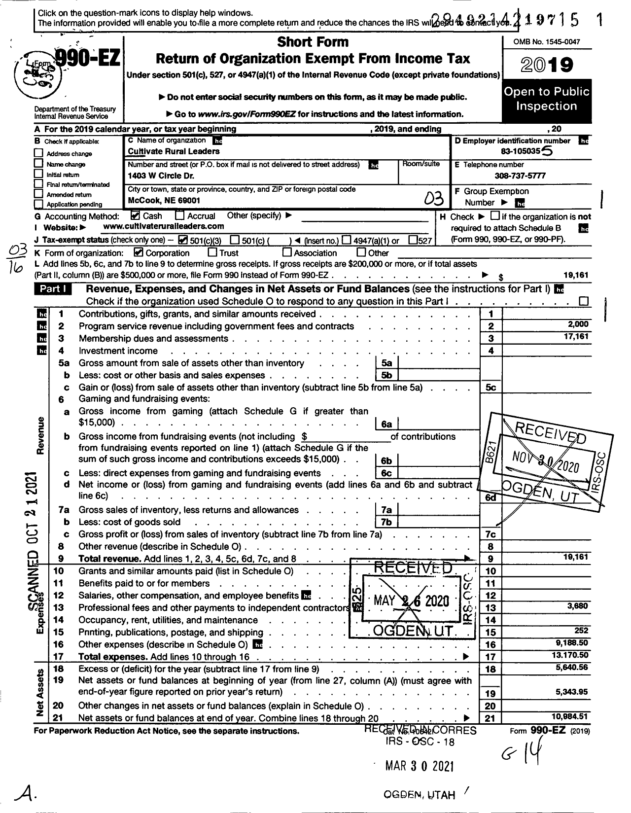 Image of first page of 2019 Form 990EZ for Cultivate Rural Leaders