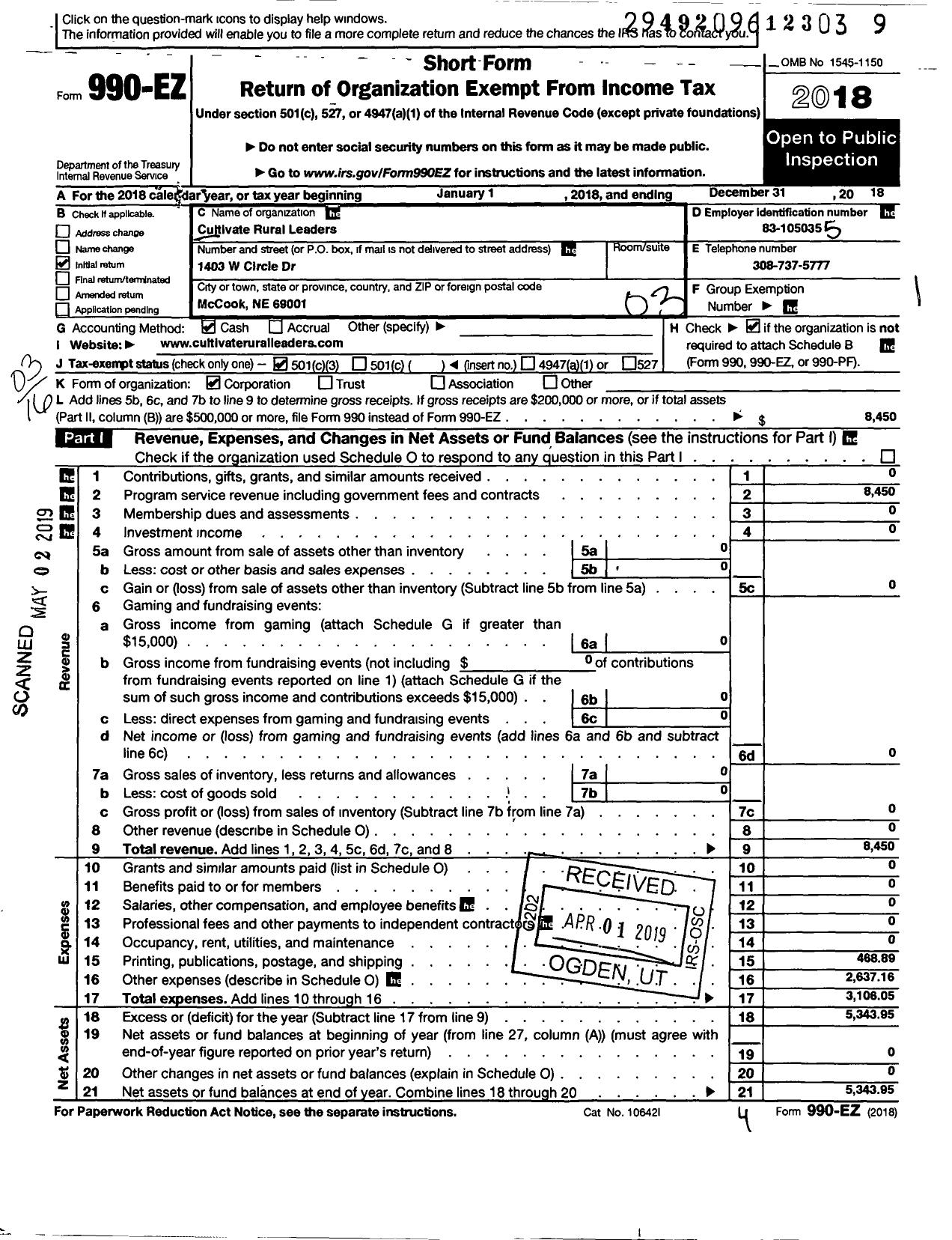 Image of first page of 2018 Form 990EZ for Cultivate Rural Leaders