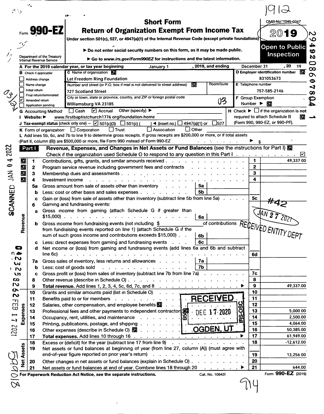 Image of first page of 2019 Form 990EZ for Let Freedom Ring Foundation