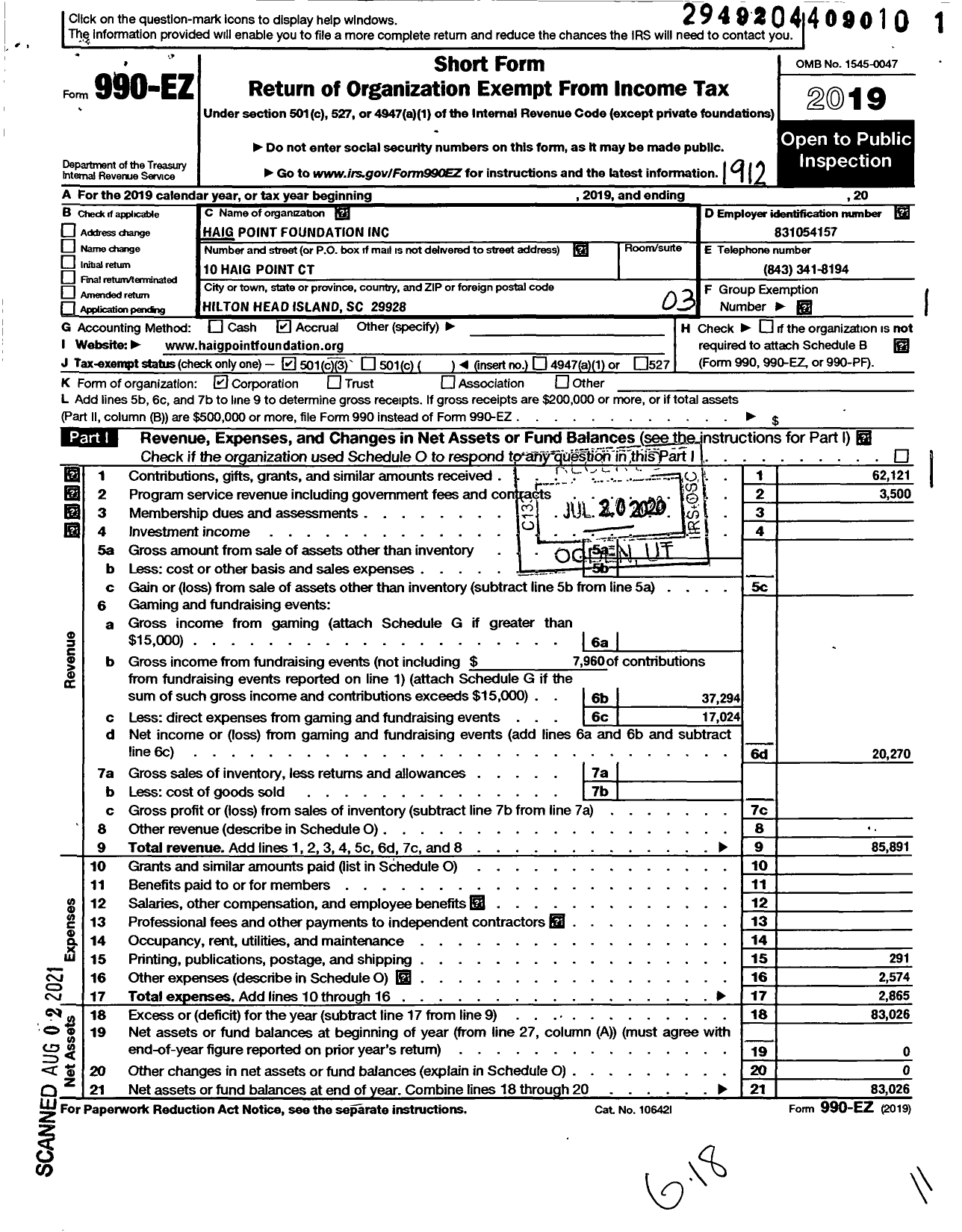 Image of first page of 2019 Form 990EZ for Haig Point Foundation