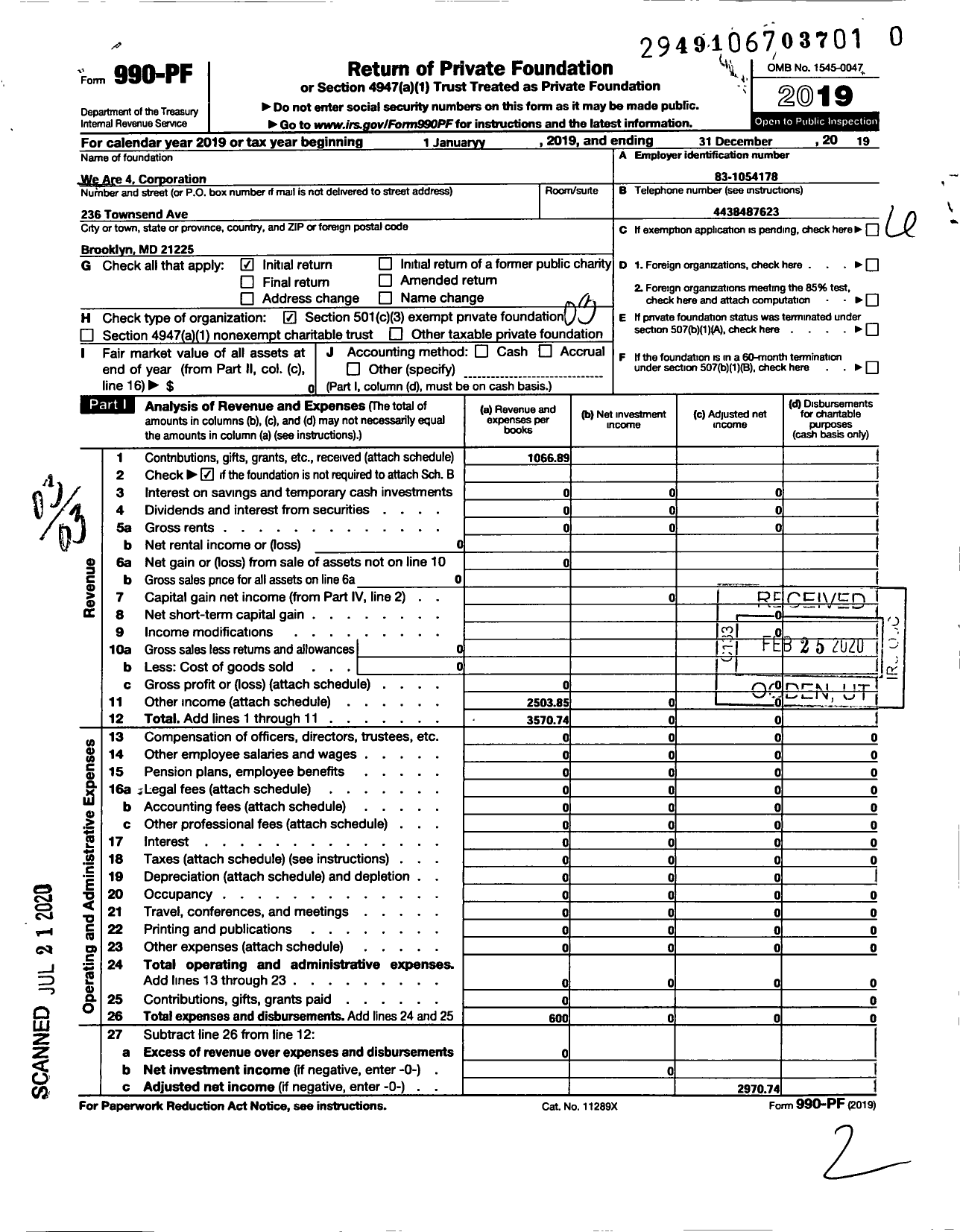 Image of first page of 2019 Form 990PR for We Are 4 Corporation