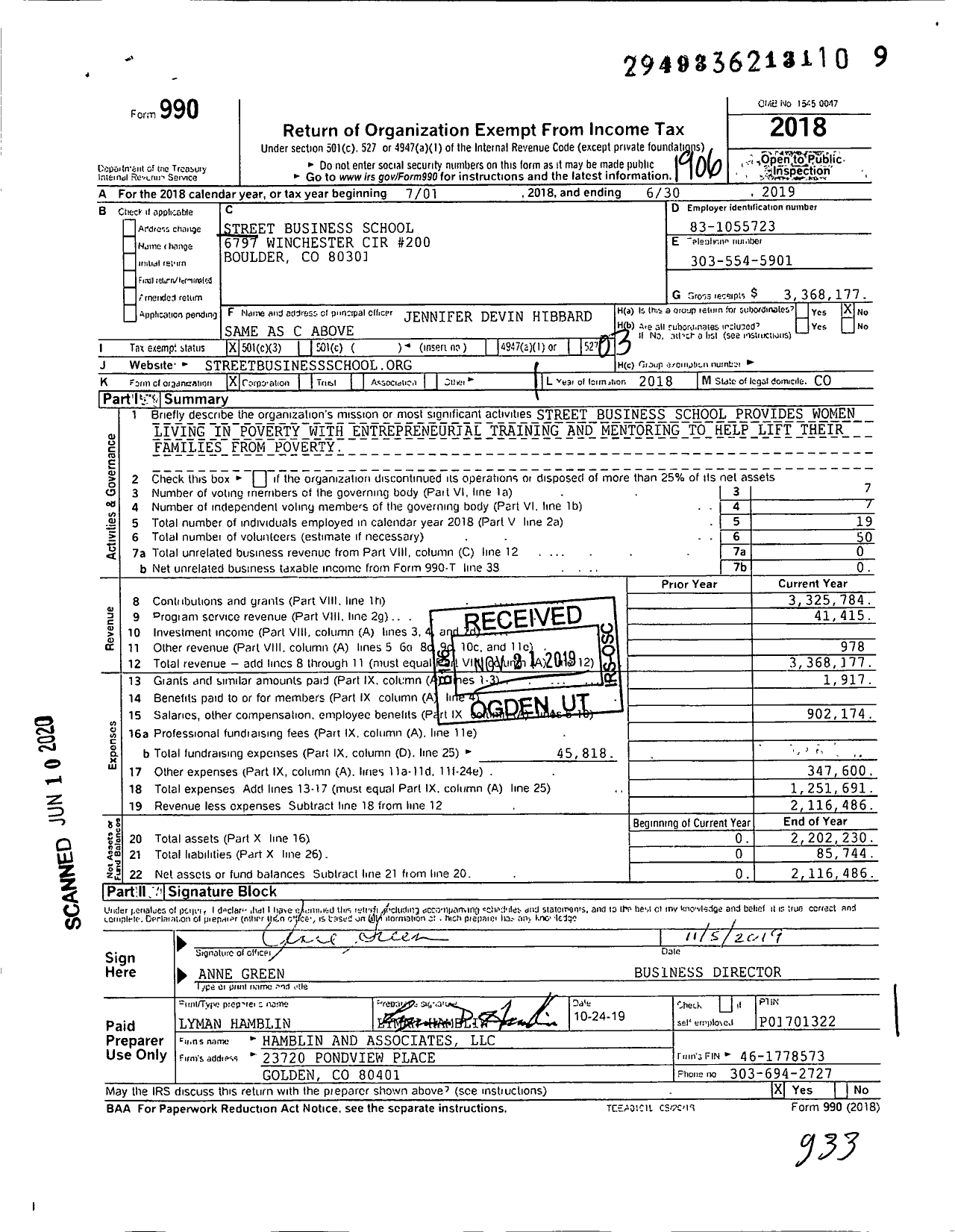 Image of first page of 2018 Form 990 for Street Business School (SBS)