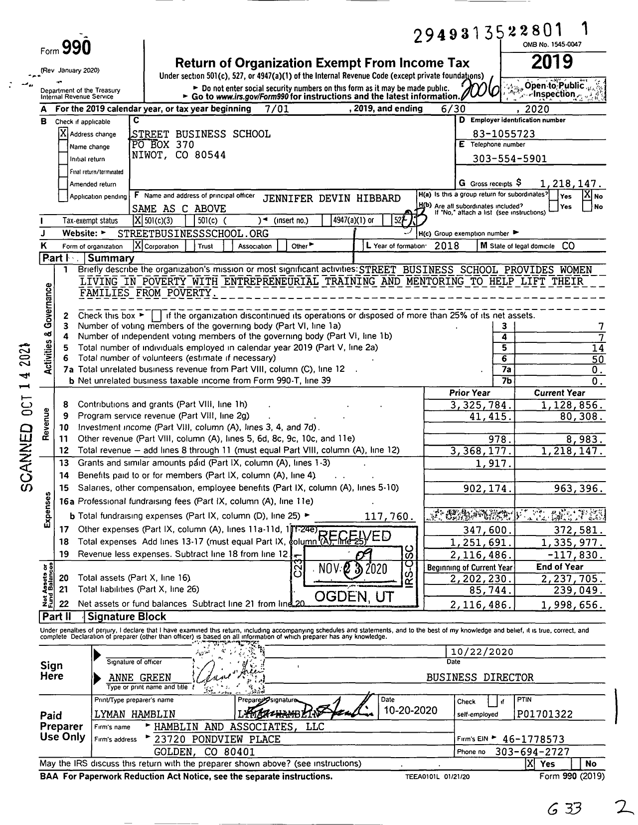 Image of first page of 2019 Form 990 for Street Business School (SBS)