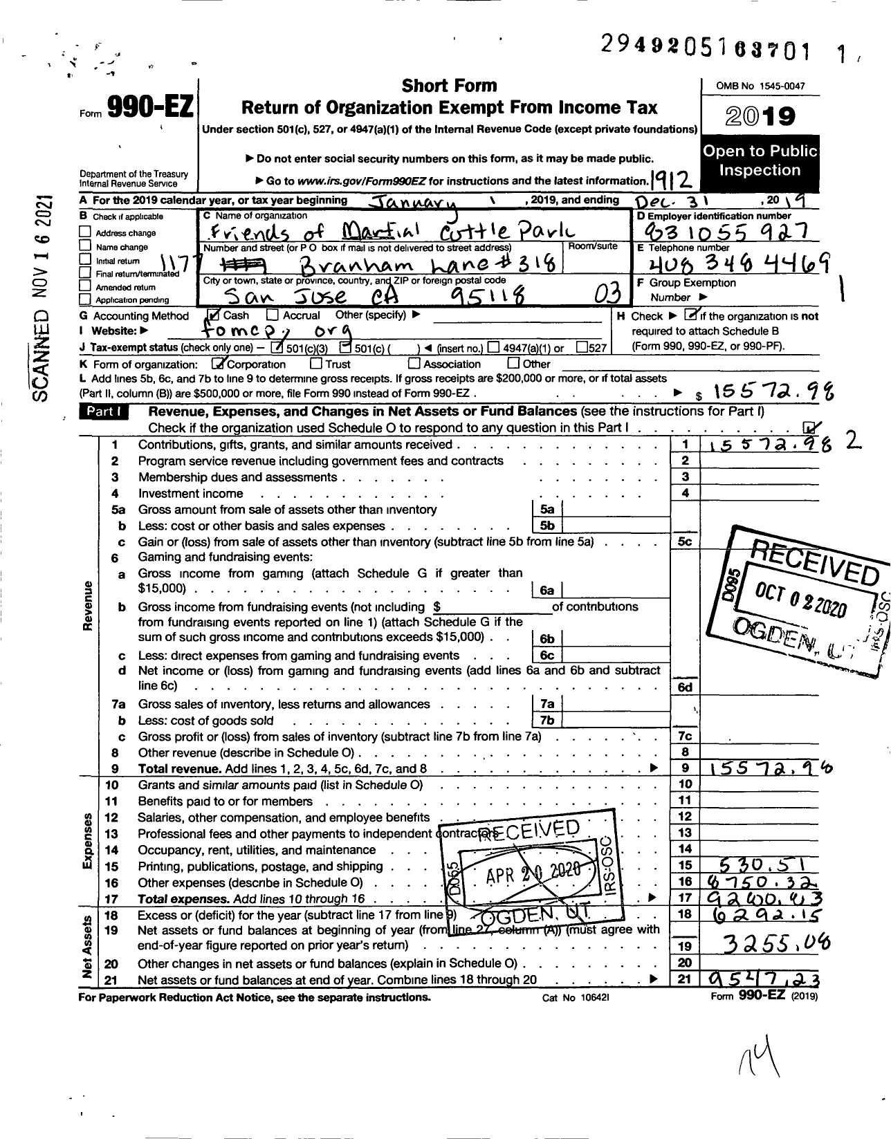 Image of first page of 2019 Form 990EZ for Friends of Martial Cottle Park