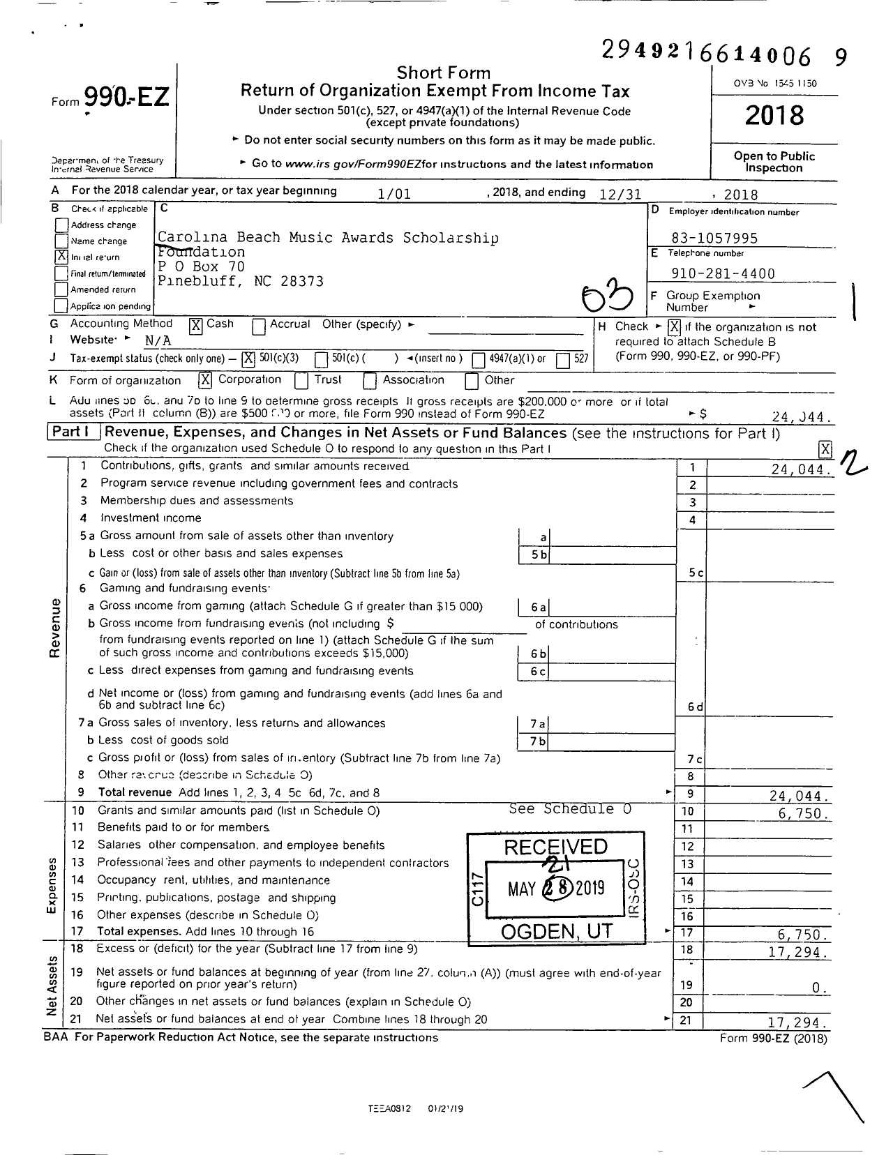 Image of first page of 2018 Form 990EZ for Carolina Beach Music Awards Scholorship Foundation