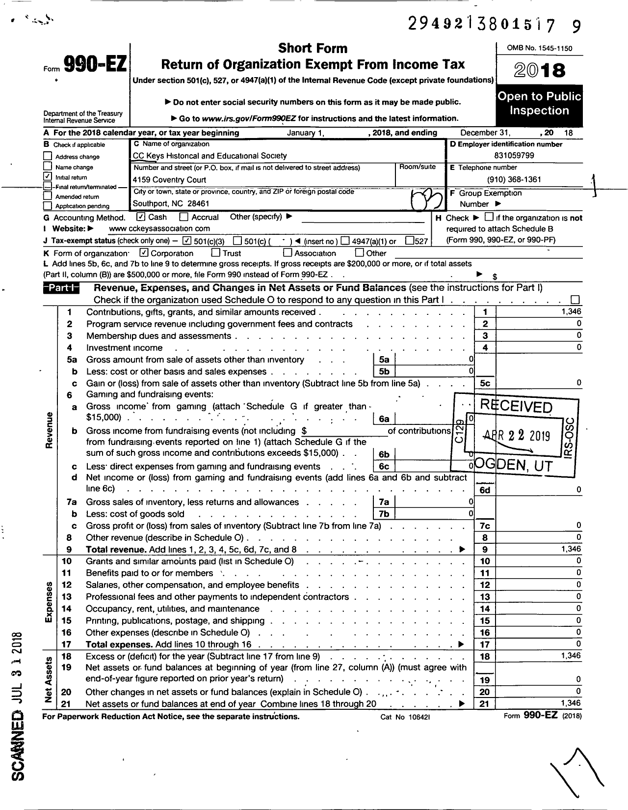 Image of first page of 2018 Form 990 for CC Keys Historical and Educational Society