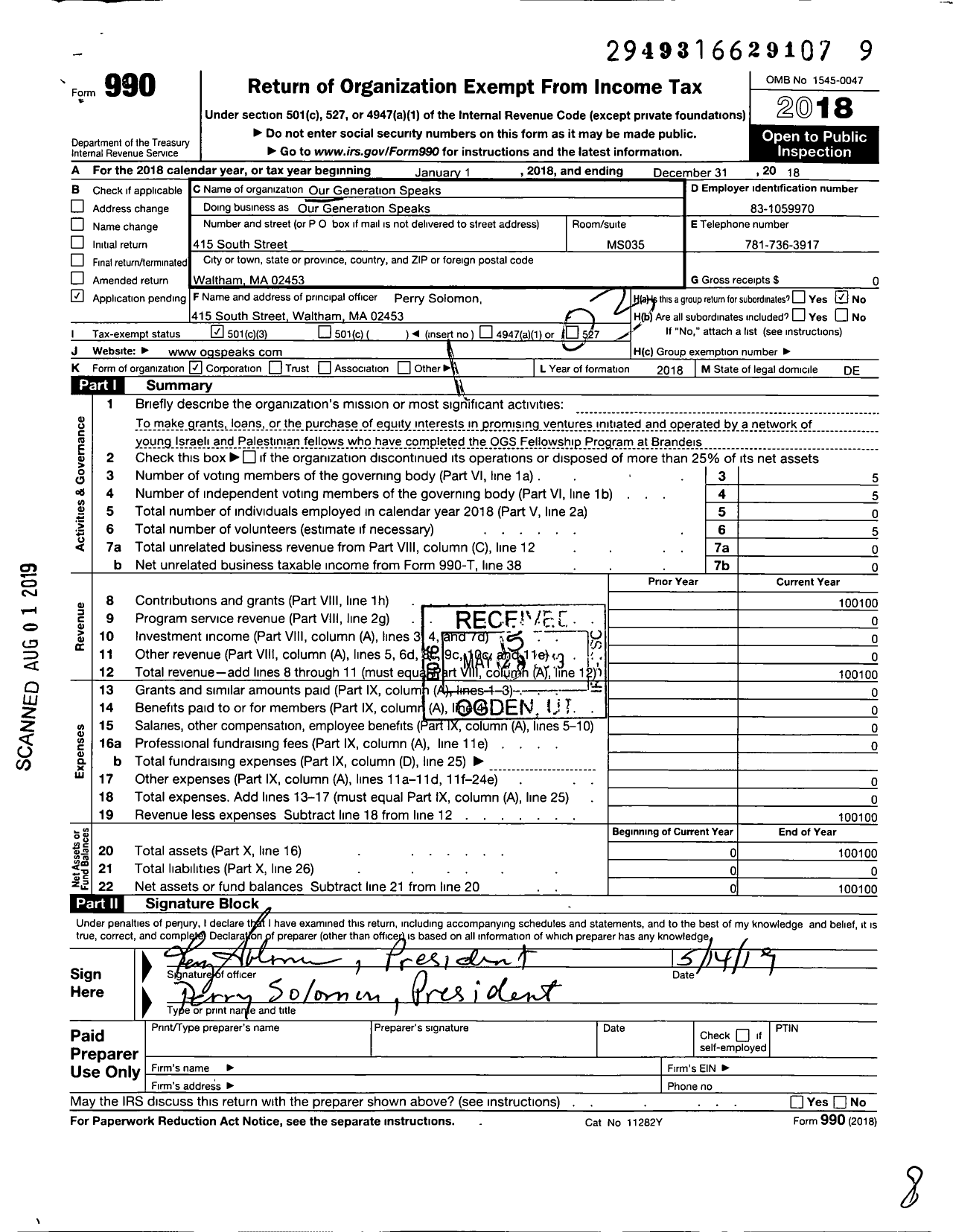 Image of first page of 2018 Form 990 for Our Generation Speaks