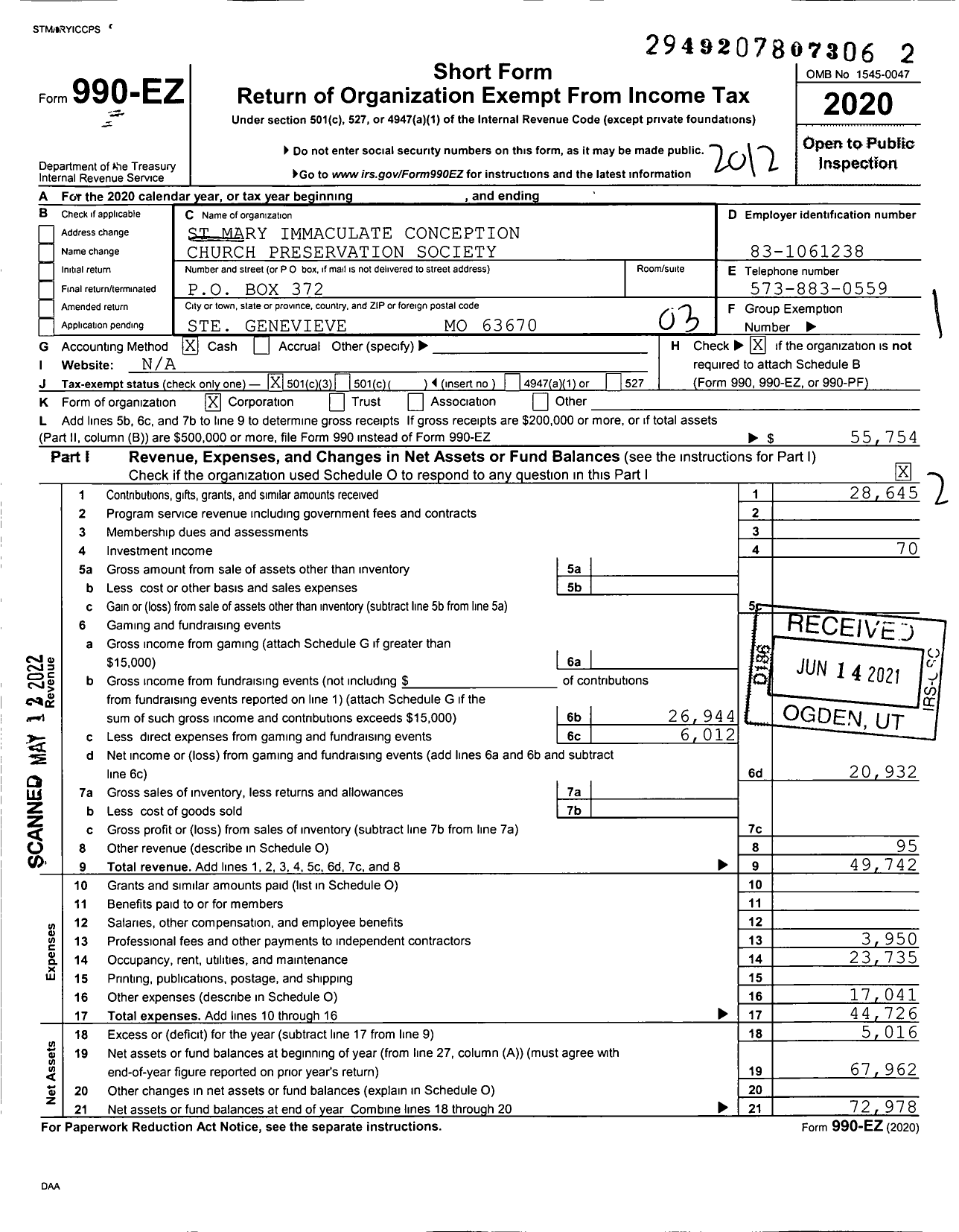 Image of first page of 2020 Form 990EZ for St Mary Immaculate Conception Church Preservation Society