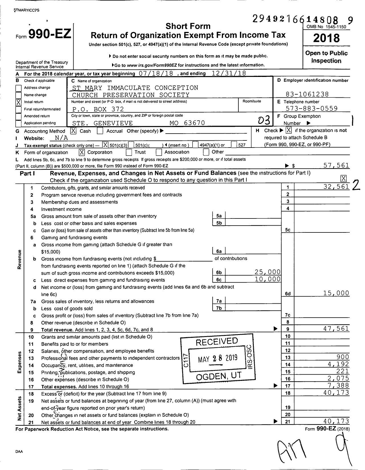 Image of first page of 2018 Form 990EZ for St Mary Immaculate Conception Church Preservation Society