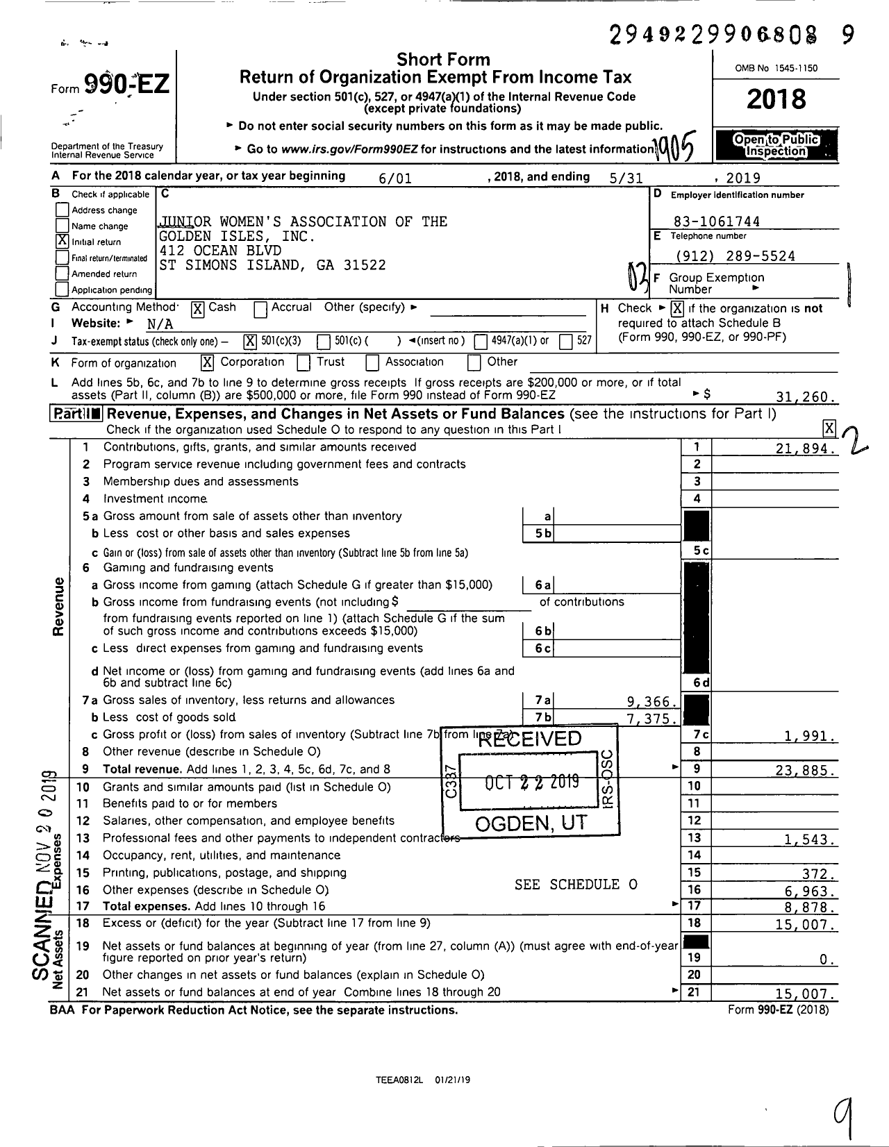 Image of first page of 2018 Form 990EZ for Junior League of the Golden Isles