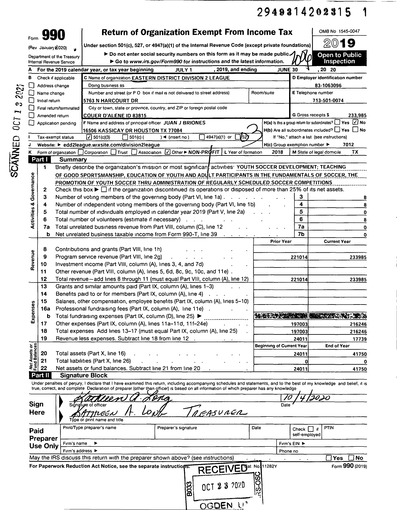 Image of first page of 2019 Form 990 for SOUTH TEXAS YOUTH SOCCER - 2 Eastern District Division League