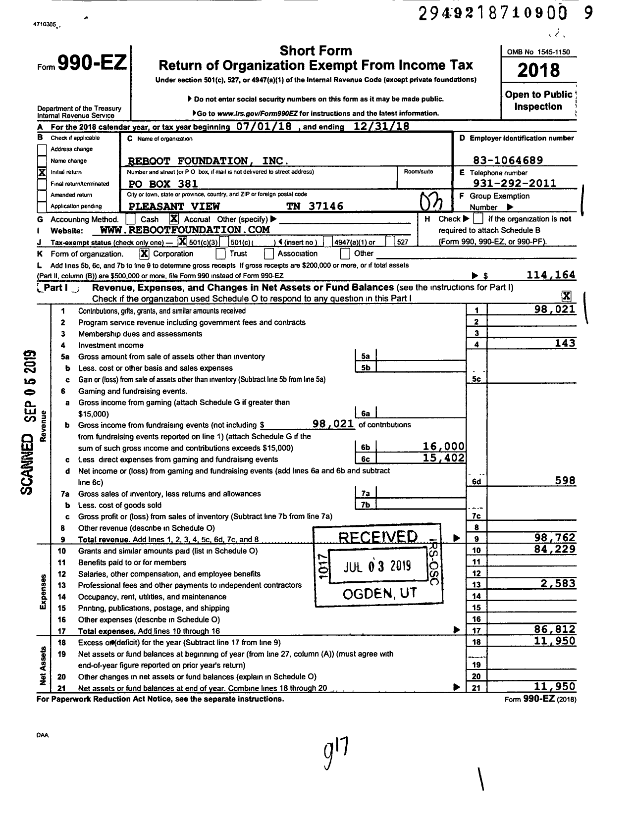 Image of first page of 2018 Form 990EZ for Reboot Foundation