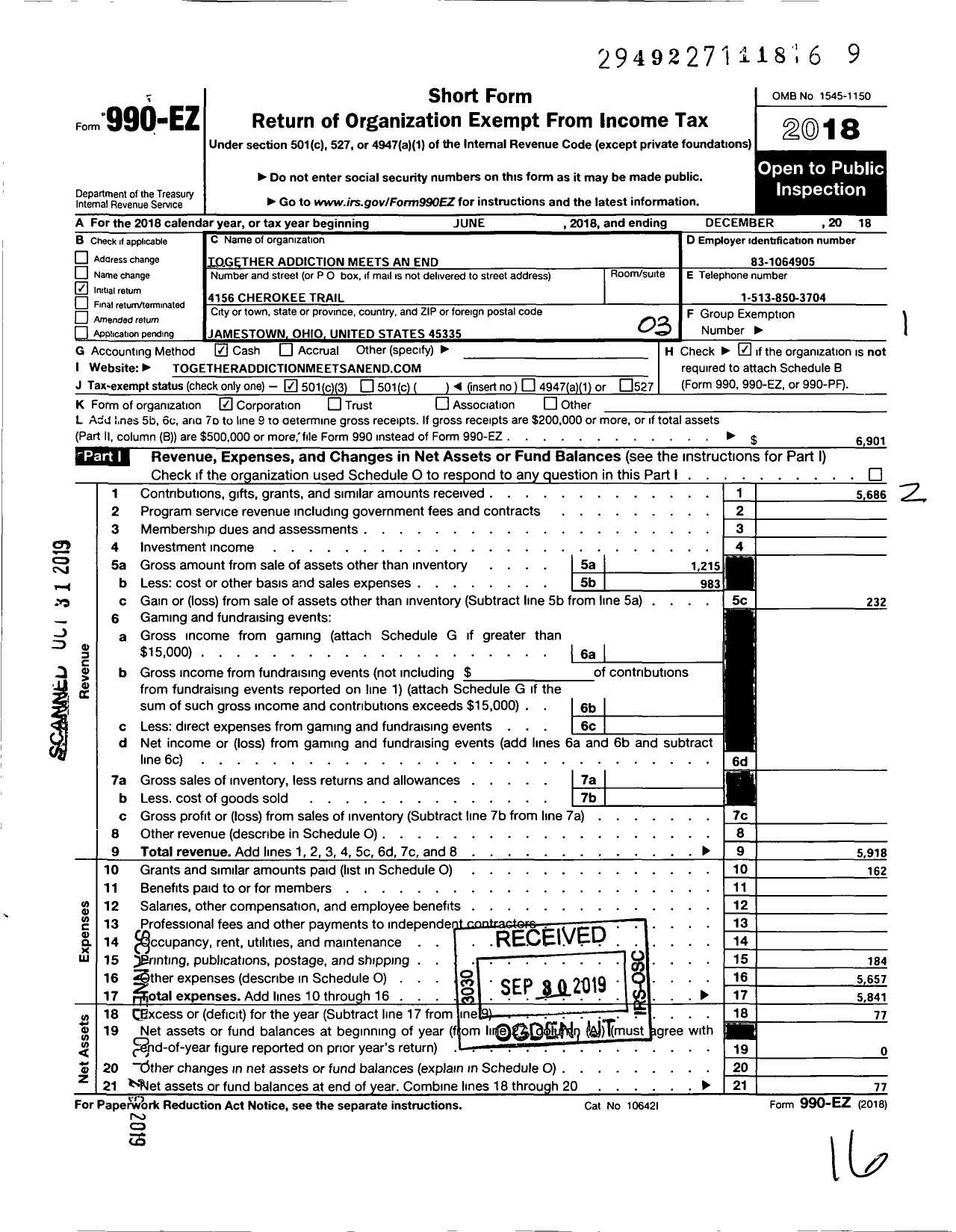 Image of first page of 2018 Form 990EZ for Together Addiction Meets An End (TAME)