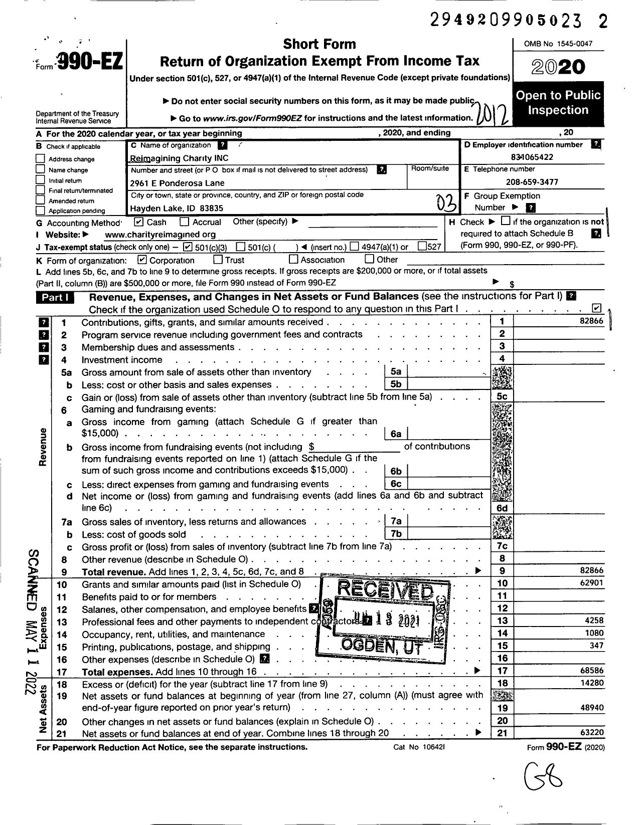 Image of first page of 2020 Form 990EZ for Reimagining Charity