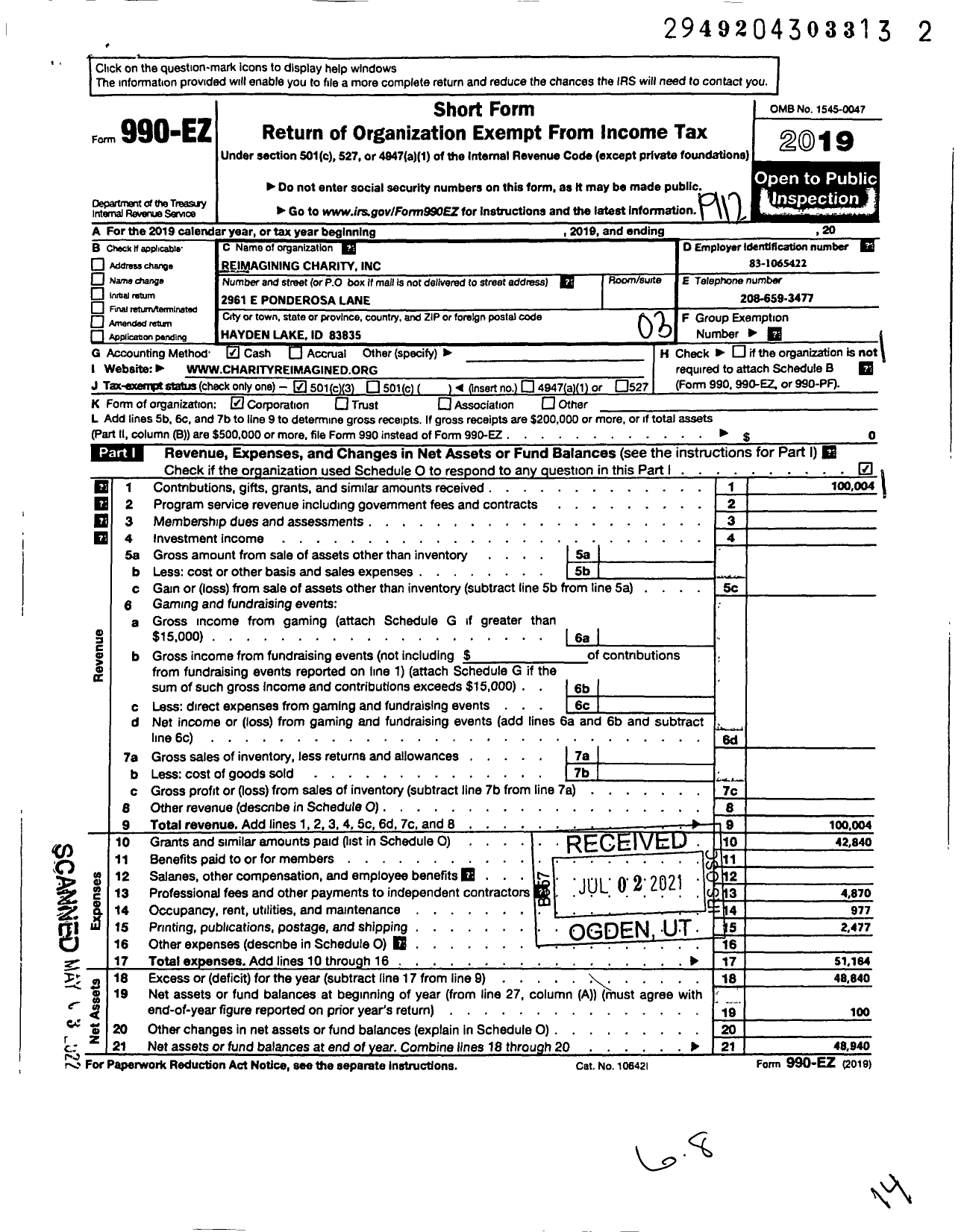 Image of first page of 2019 Form 990EZ for Reimagining Charity