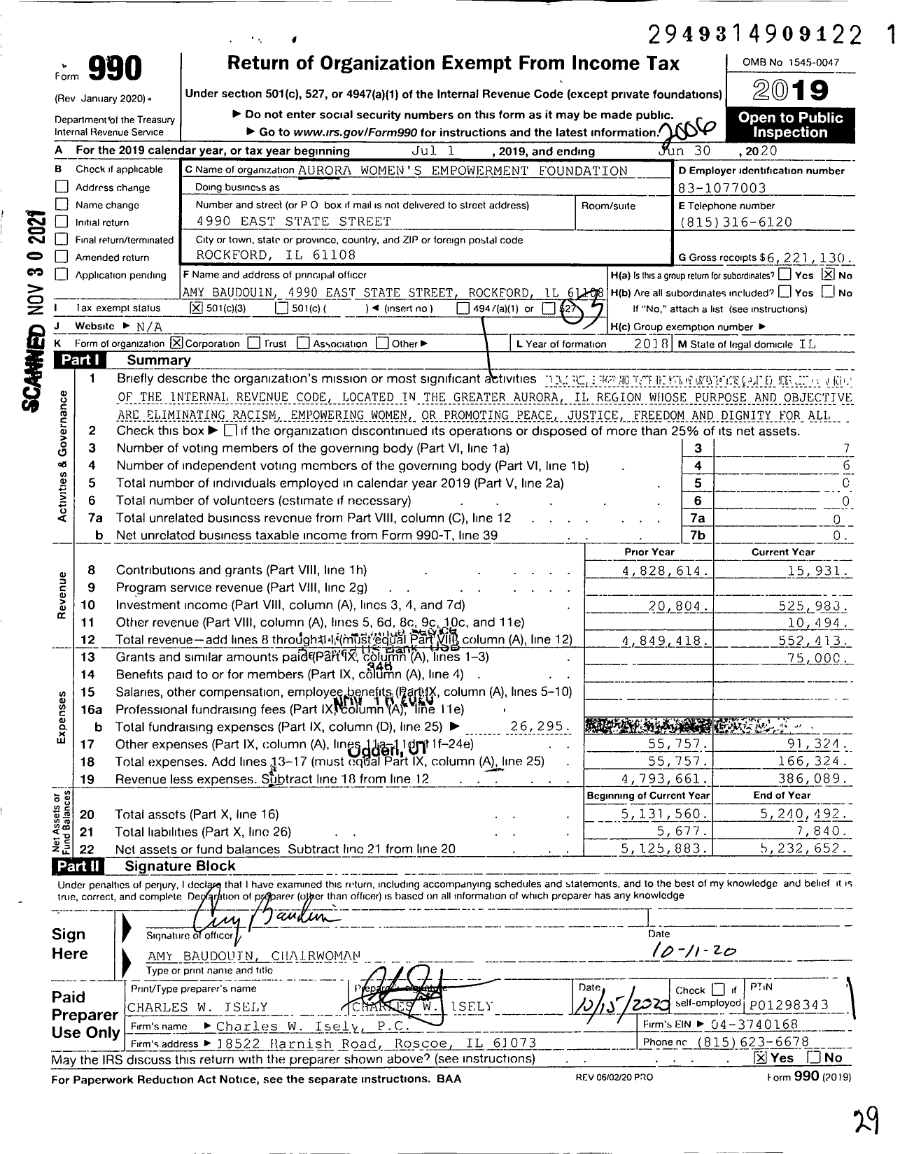 Image of first page of 2019 Form 990 for Aurora Women's Empowerment Foundation