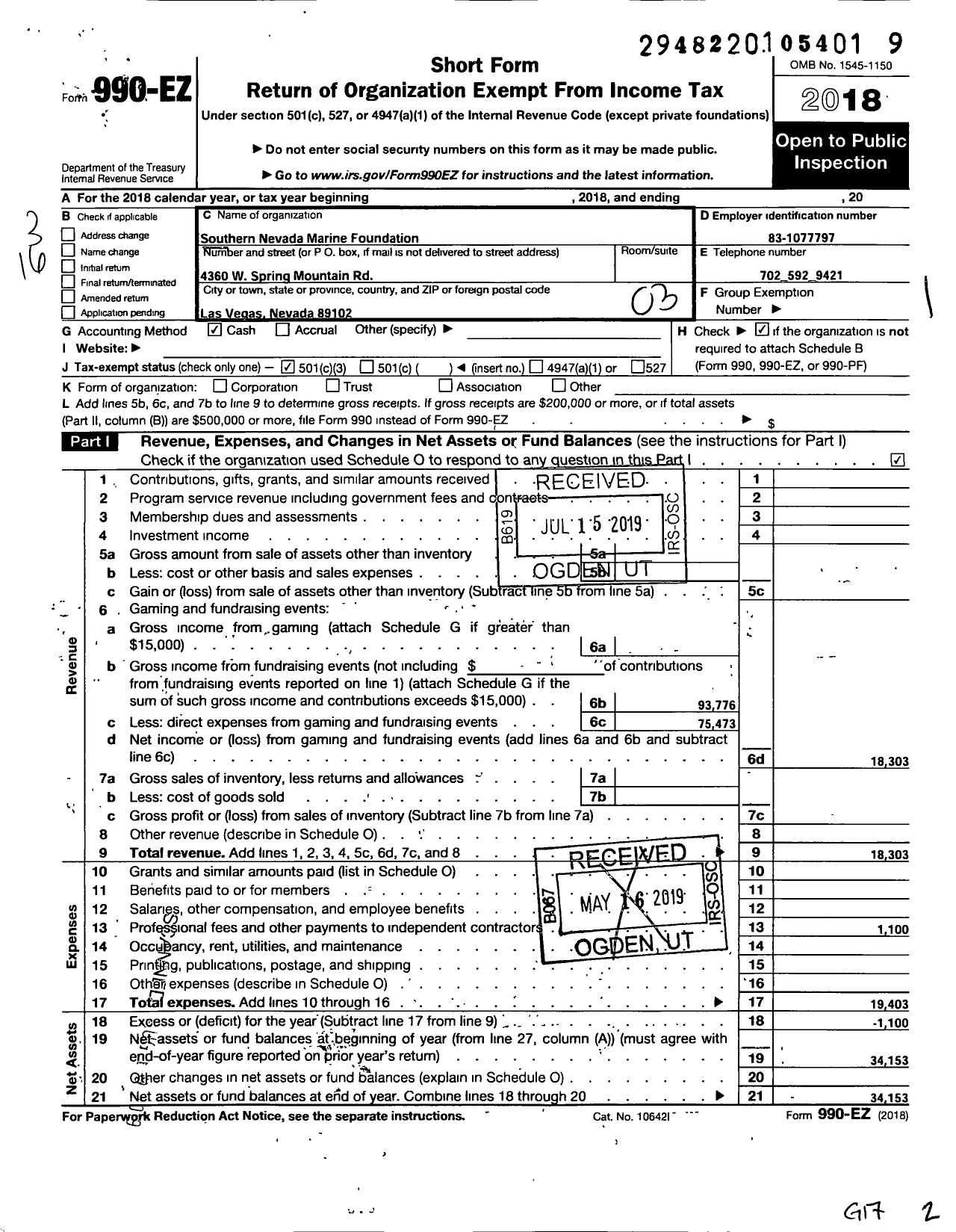 Image of first page of 2018 Form 990EZ for Southern Nevada Marine Foundation